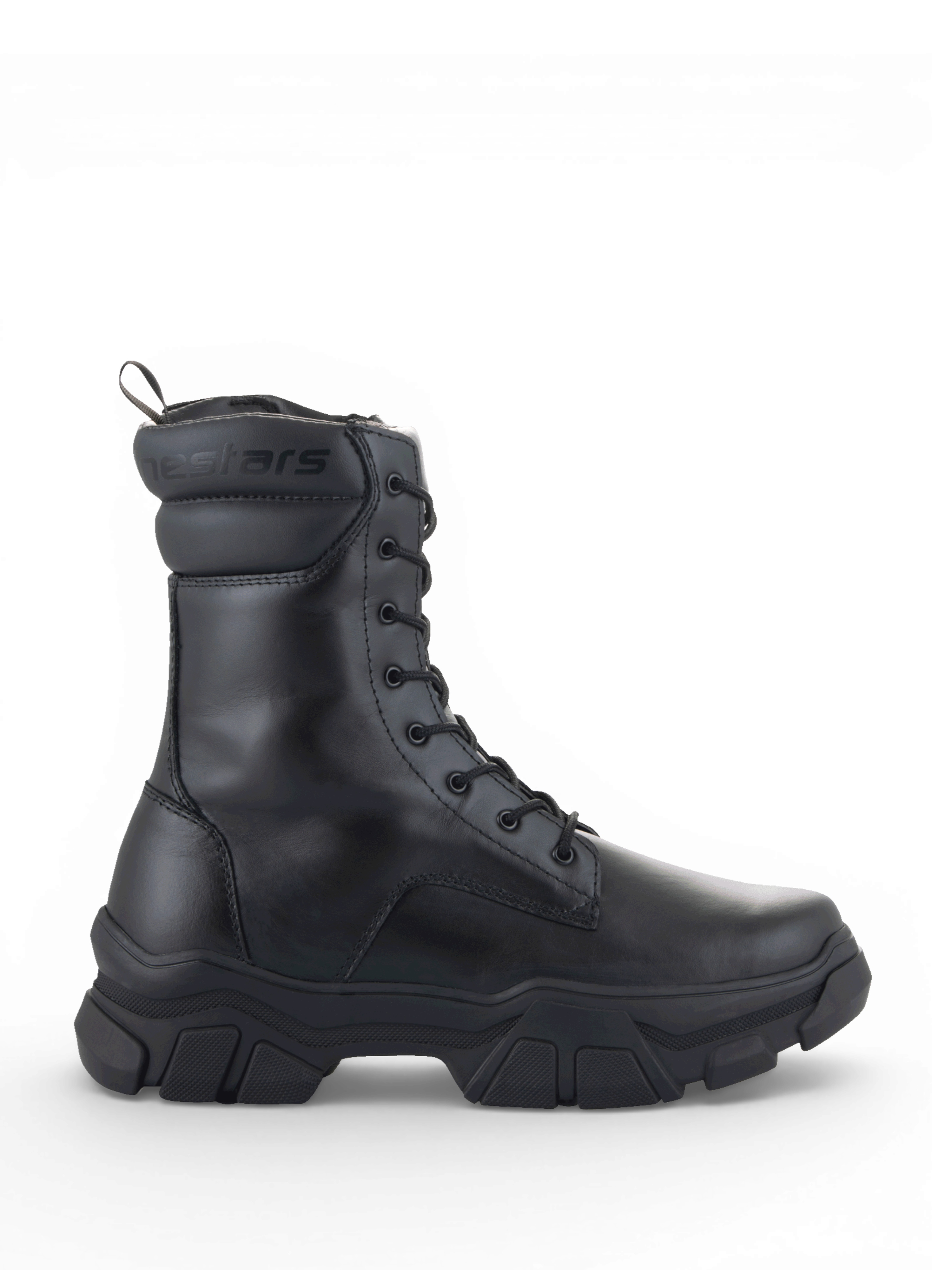 Alpinestars Ava, damskie buty motocyklowe miejskie, czarne, skórzane, z masywną podwyższoną podeszwą i sznurowaniem.