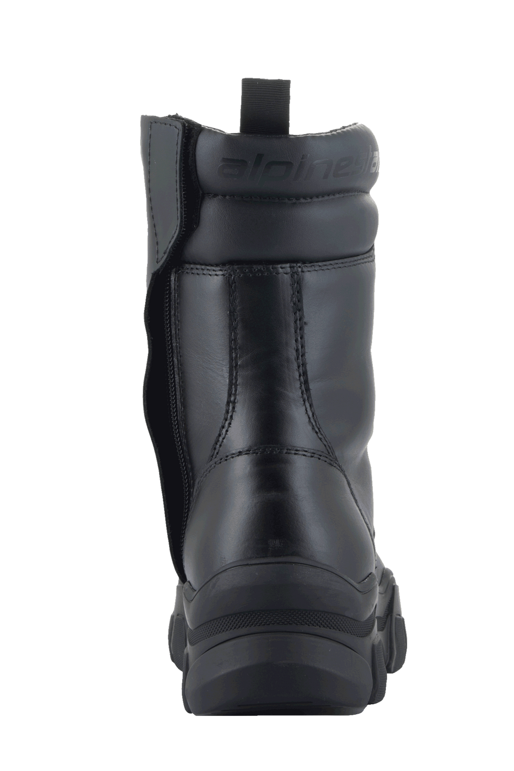 Buty damskie Alpinestars Ava, czarne, widok z tyłu przedstawiający podwyższoną, masywną gumową podeszwę i boczny zamek po wewnętrznej stronie, konstrukcja ze skóry licowej z wyściełanym kołnierzem kostki i wytłoczonym logo, nowoczesne miejskie obuwie motocyklowe.