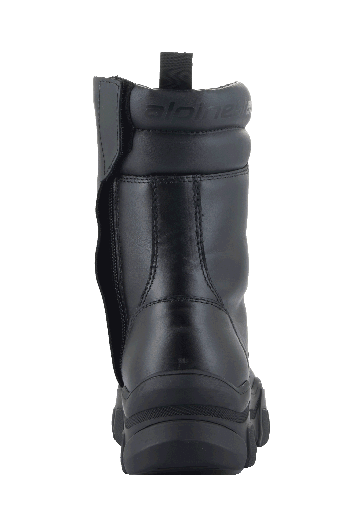 Buty damskie Alpinestars Ava, czarne, widok z tyłu przedstawiający podwyższoną, masywną gumową podeszwę i boczny zamek po wewnętrznej stronie, konstrukcja ze skóry licowej z wyściełanym kołnierzem kostki i wytłoczonym logo, nowoczesne miejskie obuwie motocyklowe.