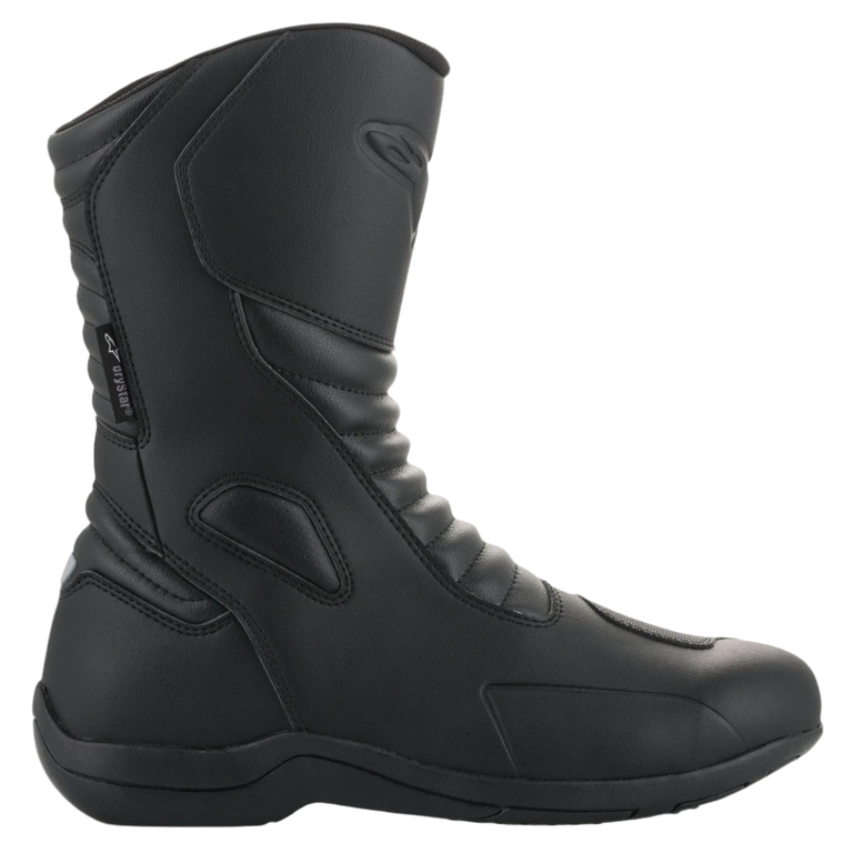 Alpinestars Origin Drystar Boots, Black Motorcycle Boots, side profile view, waterproof touring footwear with microfiber upper and accordion flex panels for flexibility.