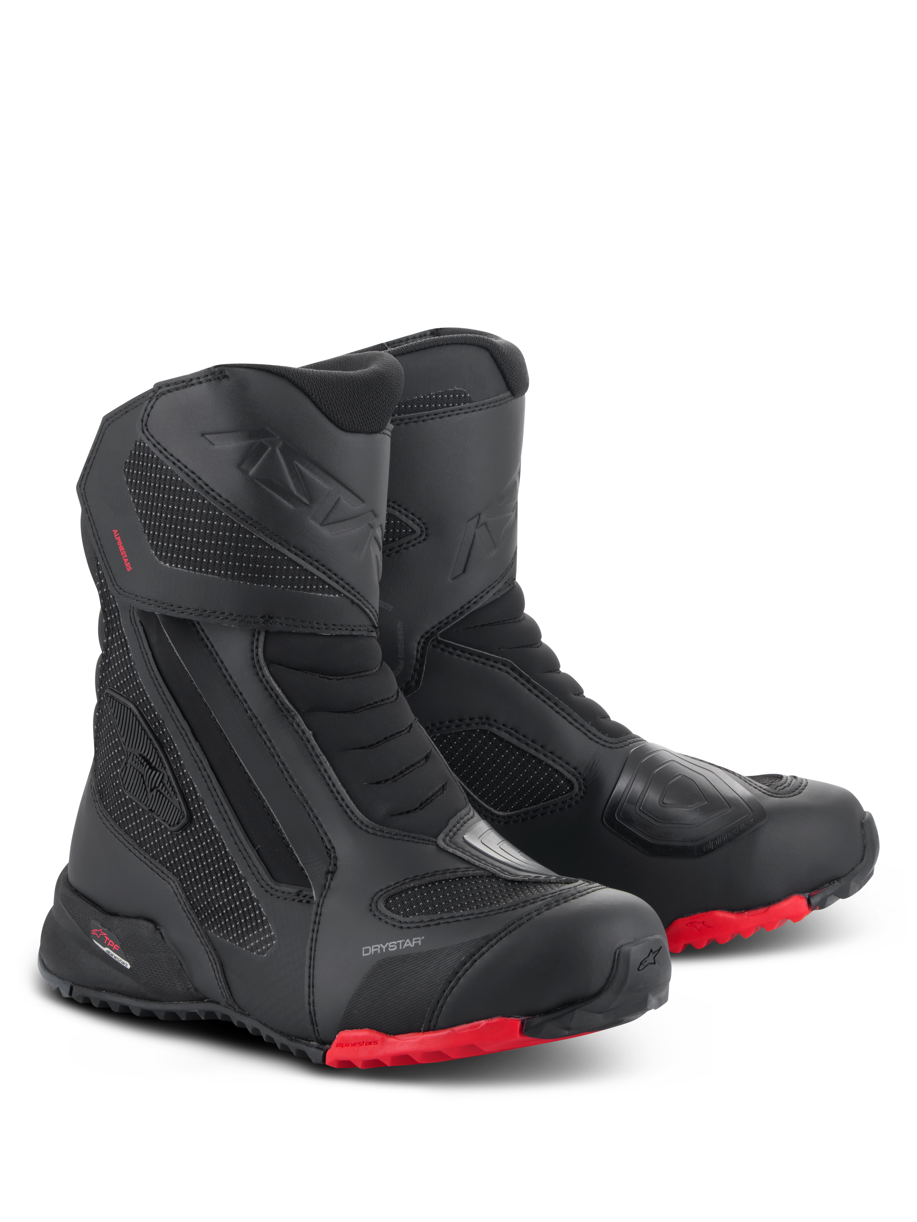Alpinestars RT-7 Drystar Boots, Motorcycle Touring Boots, Black and Red, featuring waterproof Drystar membrane, durable textile and microfiber construction, red lugged soles, and protective reinforced areas for all-terrain adventure