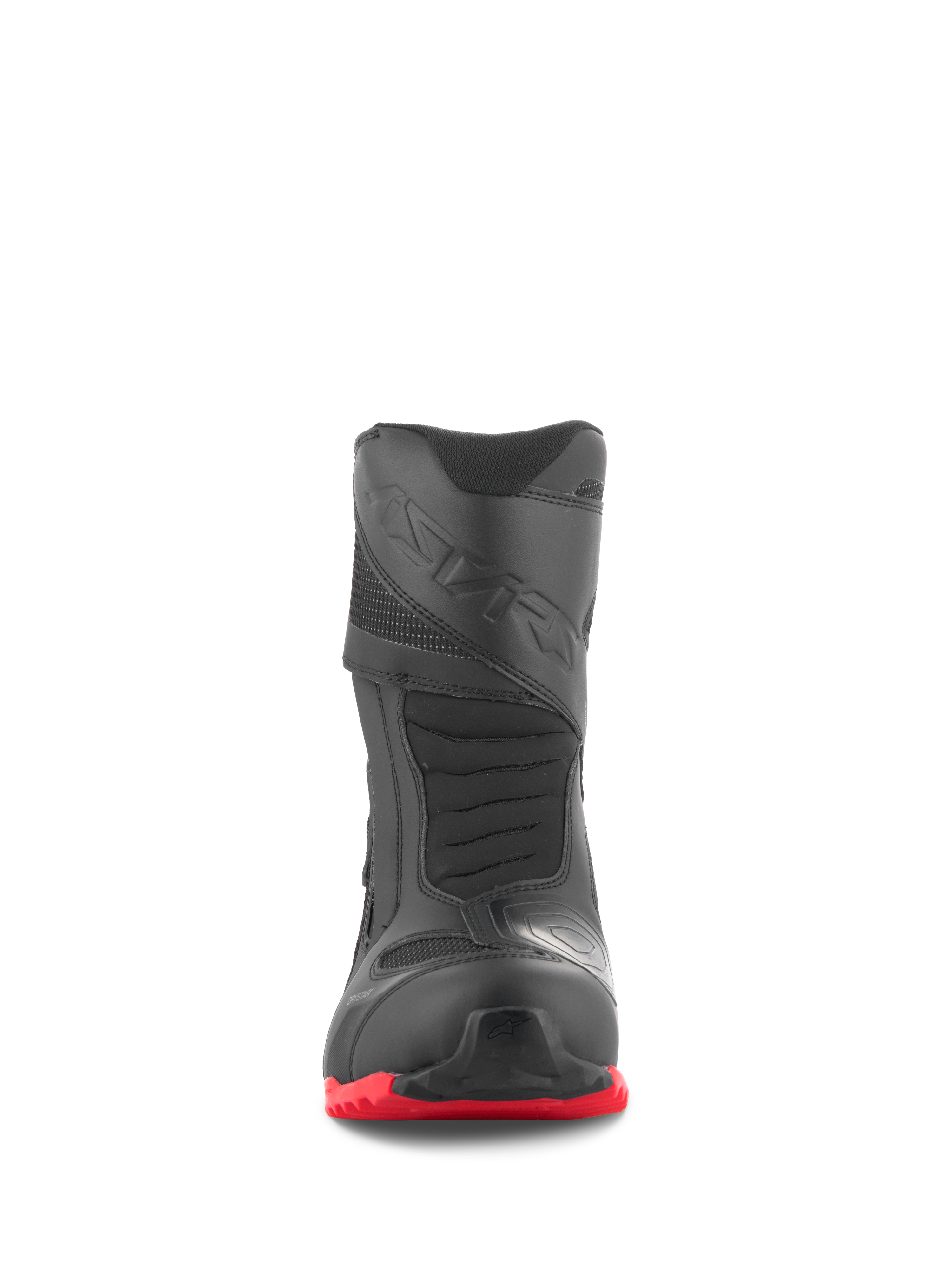 Alpinestars RT-7 Drystar® Boots, Motorcycle Touring Boots, Black and Red, front view, featuring a reinforced toe box, 3D print shift pad, and bright red lugged sole, waterproof adventure riding footwear design.