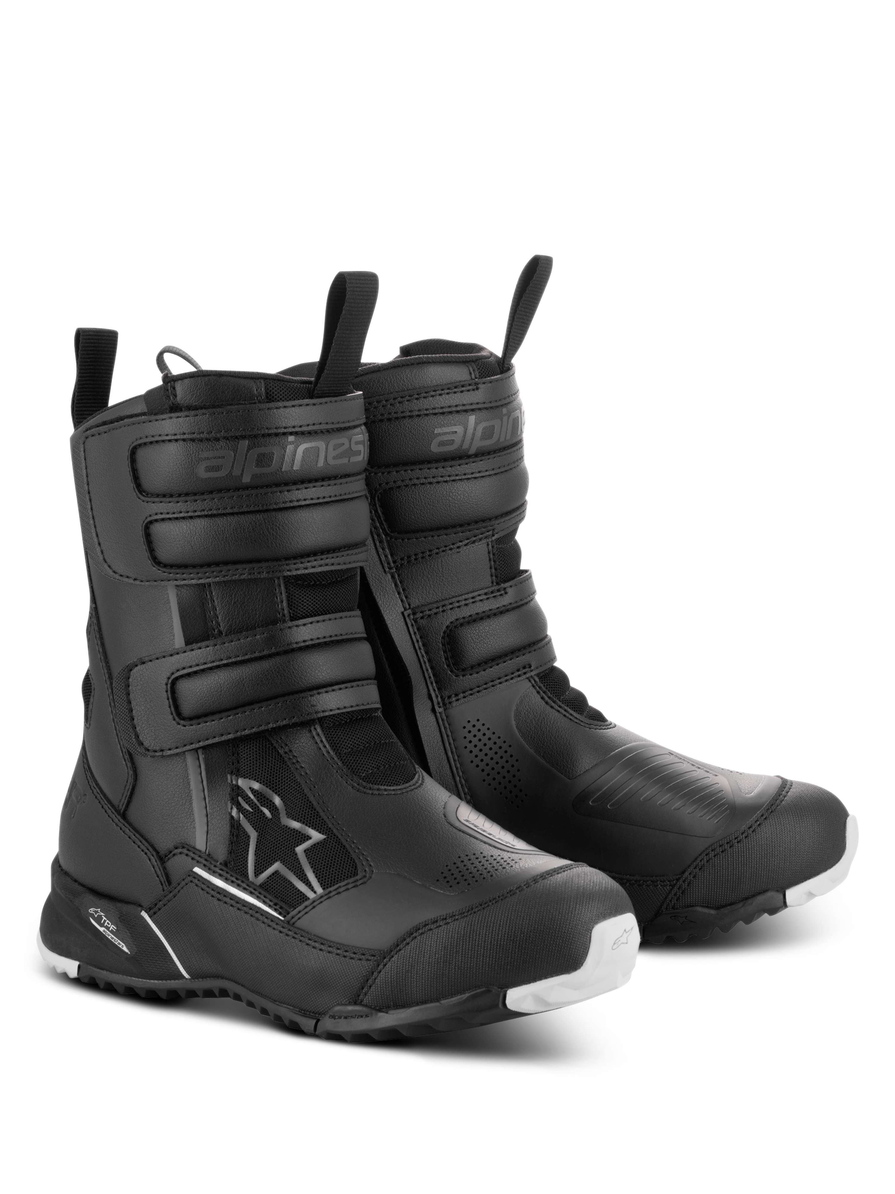 Alpinestars Women Stella RT-7 Touring Drystar® Boots, czarne, wodoodporne motocyklowe buty turystyczne z trzema paskami na rzep, podwójnym zamkiem błyskawicznym i wytrzymałą podeszwą zewnętrzną z białymi akcentami.