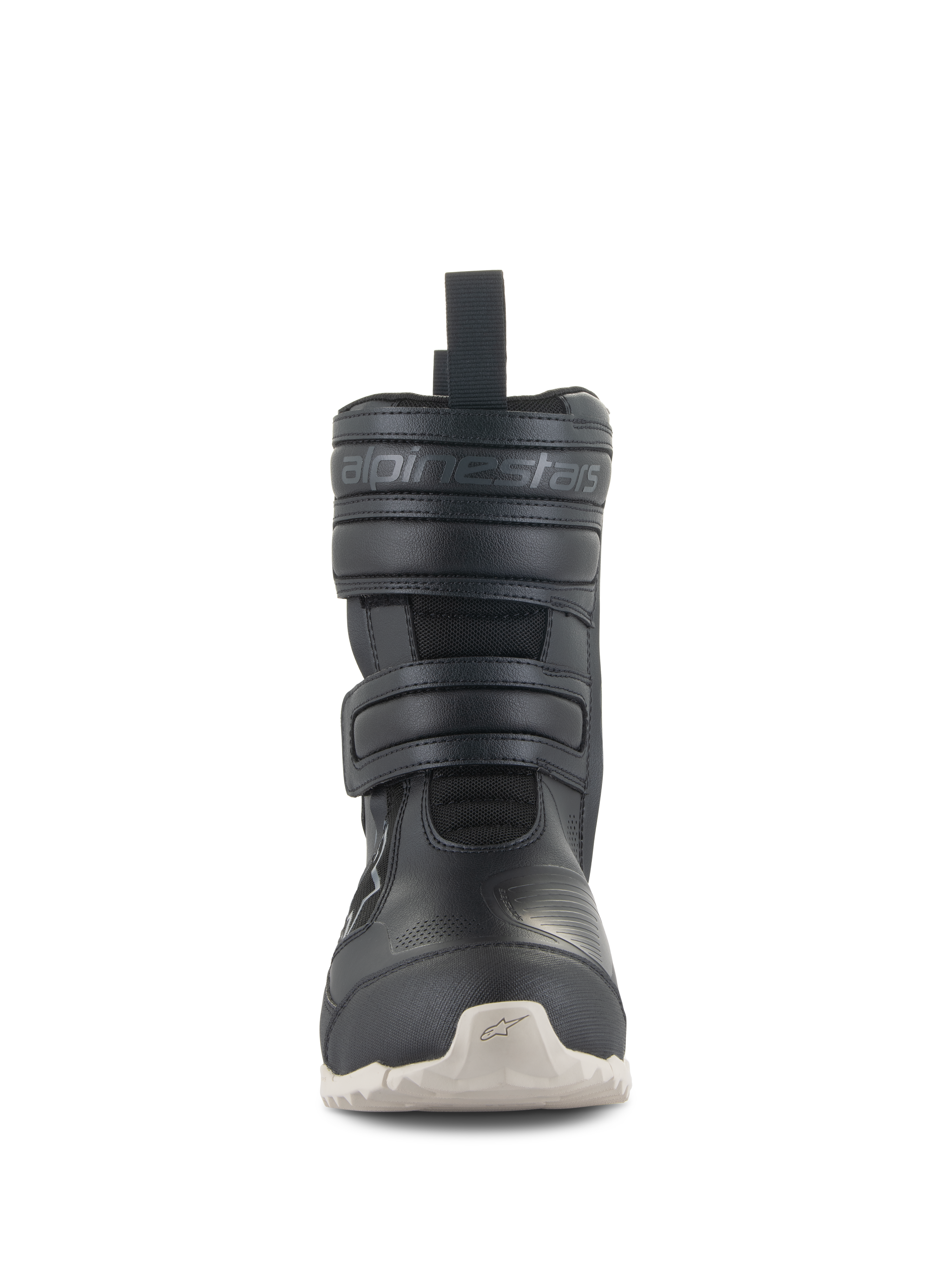 Buty Alpinestars Stella RT-7 Touring Drystar®, damskie motocyklowe buty turystyczne, czarne, widok z przodu, podwójne zapięcie na rzep, wytłoczone logo Alpinestars, cholewka z technicznej mikrofibry i jasna podeszwa z bieżnikiem