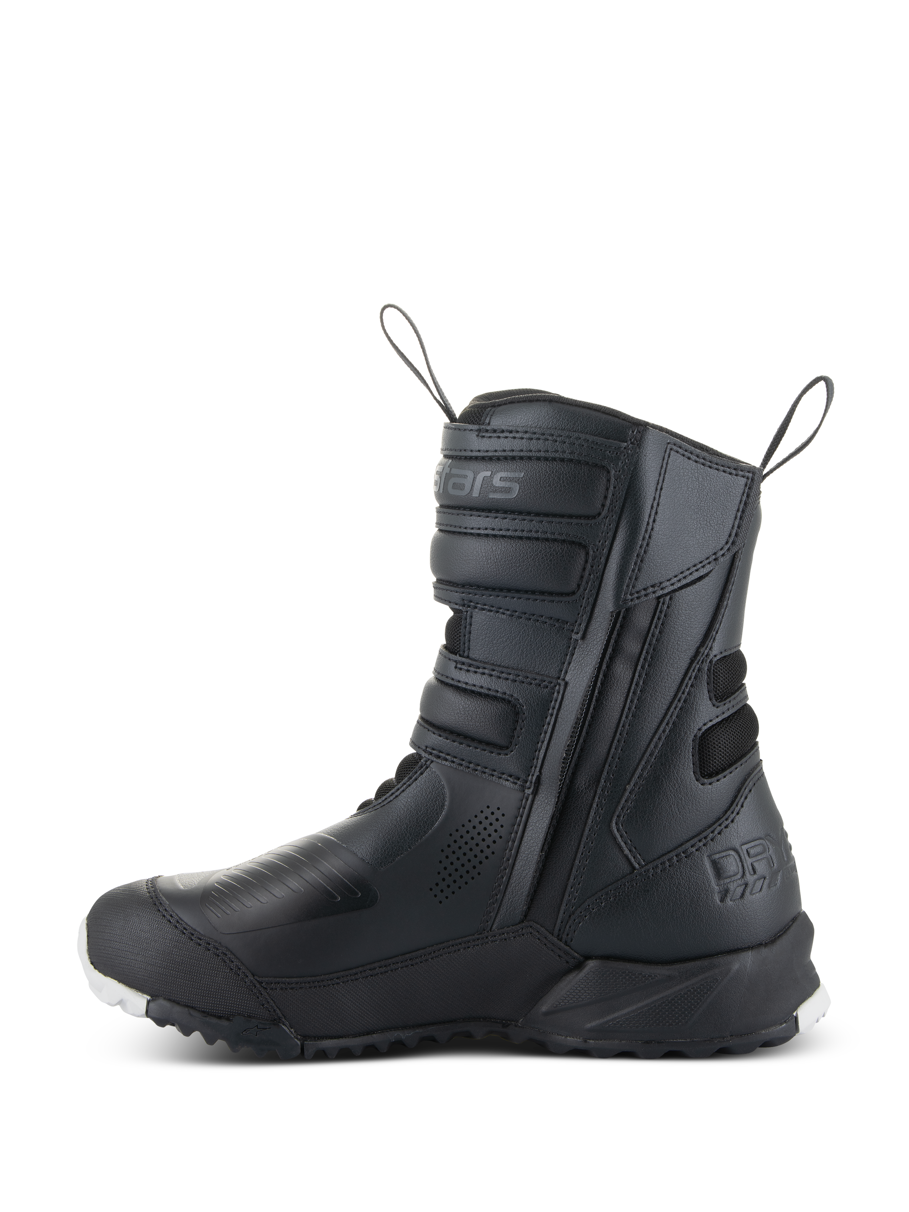 Damskie buty Alpinestars Stella RT-7 Touring Drystar®, damskie motocyklowe buty turystyczne, czarne, widok z profilu bocznego przedstawiający podwójny zamek błyskawiczny, paski regulacyjne na rzepy, wzmocnione strefy ochronne i wytrzymałą podeszwę do jazdy adventure