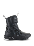 Damskie buty motocyklowe Alpinestars Stella RT-7 Touring Drystar, czarne, widok z boku ukazujący trzy paski na rzep, wodoodporna cholewka z mikrofibry i materiału tekstylnego, wzmocniona pięta z logo gwiazdy, wytrzymała bieżnikowana podeszwa z białymi akcentami