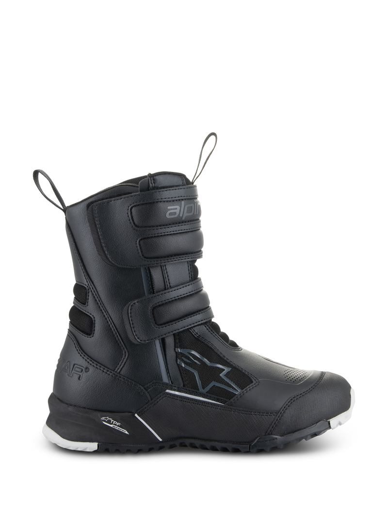 Damskie buty motocyklowe Alpinestars Stella RT-7 Touring Drystar, czarne, widok z boku ukazujący trzy paski na rzep, wodoodporna cholewka z mikrofibry i materiału tekstylnego, wzmocniona pięta z logo gwiazdy, wytrzymała bieżnikowana podeszwa z białymi akcentami