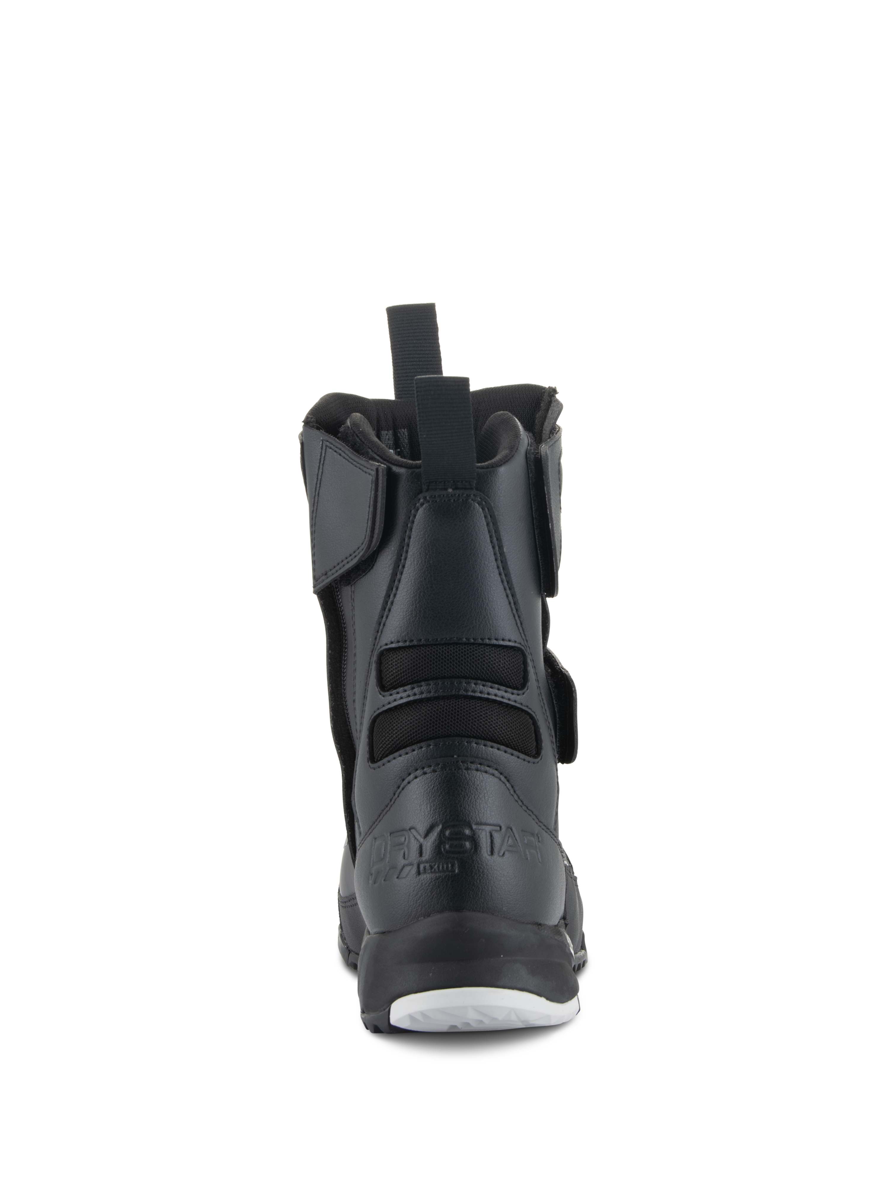 Alpinestars Stella RT-7 Touring Drystar® Boots, damskie buty motocyklowe, czarne, widok z tyłu z tłoczonym logo Drystar na pięcie, tylną pętlą i elastycznymi tekstylnymi harmonijkami dla większej swobody ruchów.