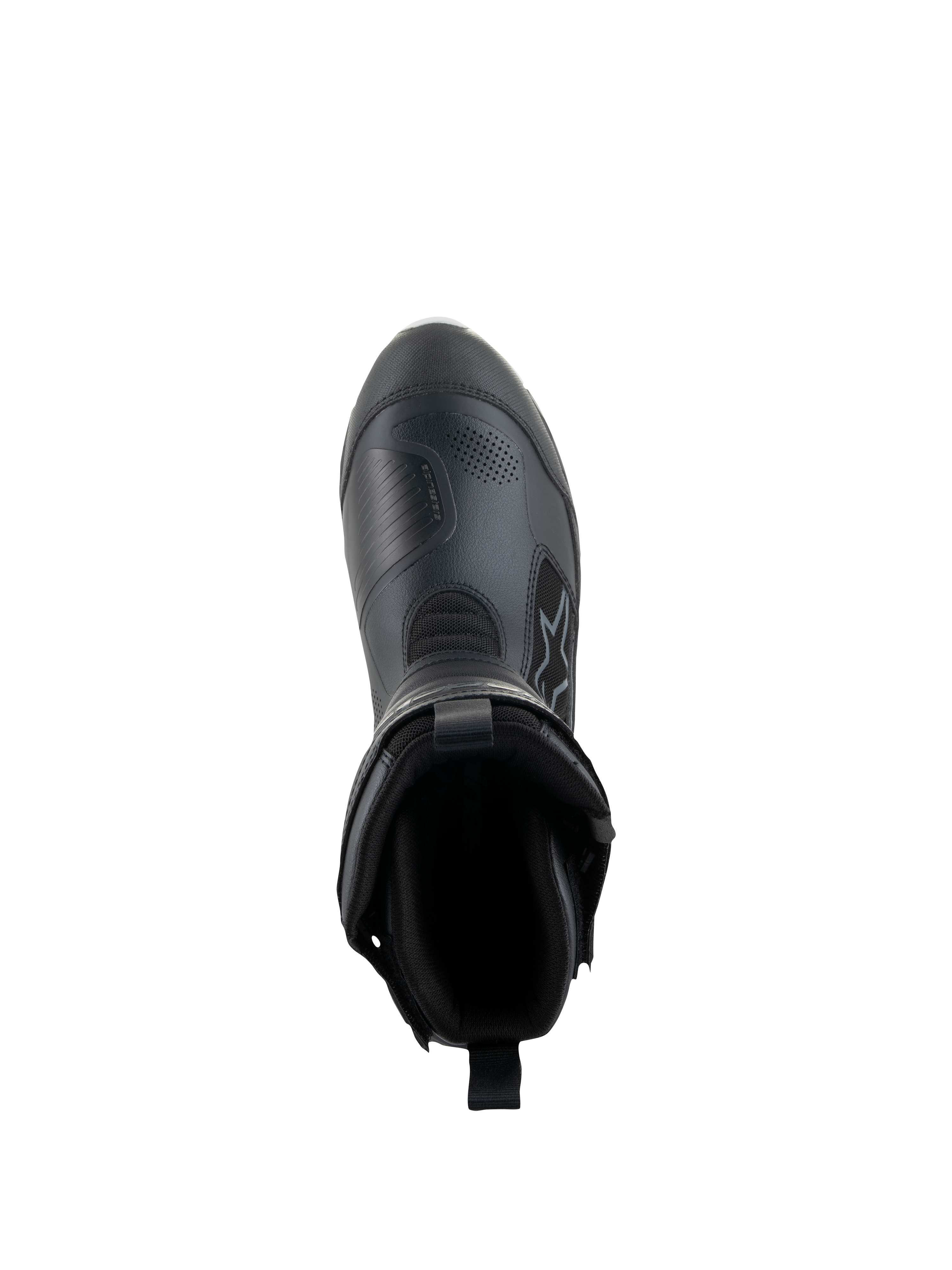 Alpinestars Stella RT-7 Touring Drystar® Boots, damskie buty motocyklowe, czarne, widok z góry ukazujący otwarcie buta i wyściółkę wewnętrzną, zaawansowana konstrukcja z mikrofibry i materiałów tekstylnych do turystyki przygodowej