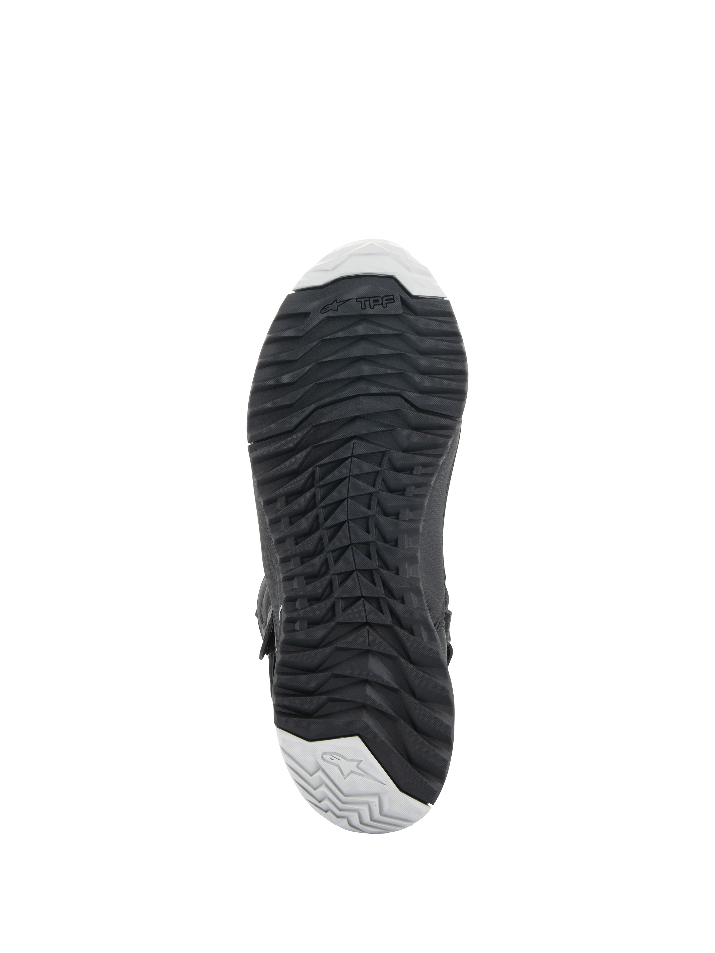 Alpinestars Stella RT-7 Touring Drystar® Boots, damskie buty turystyczne, czarne, widok od dołu prezentujący wytrzymałą gumową podeszwę z agresywnym bieżnikiem dla lepszej przyczepności, logo TPF (Transversal Protection Frame) oraz jasnoszare akcenty na palcach i pięcie.