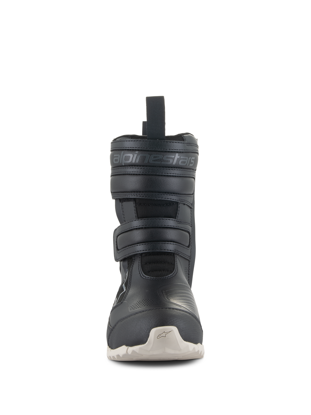 Damskie buty Alpinestars Stella RT-7 Touring Drystar®, czarne turystyczne buty motocyklowe z białą podeszwą, widok z przodu przedstawiający podwójne zapięcia na rzepy i wytłoczone logo Alpinestars, techniczny design do jazdy szosowej i adventure