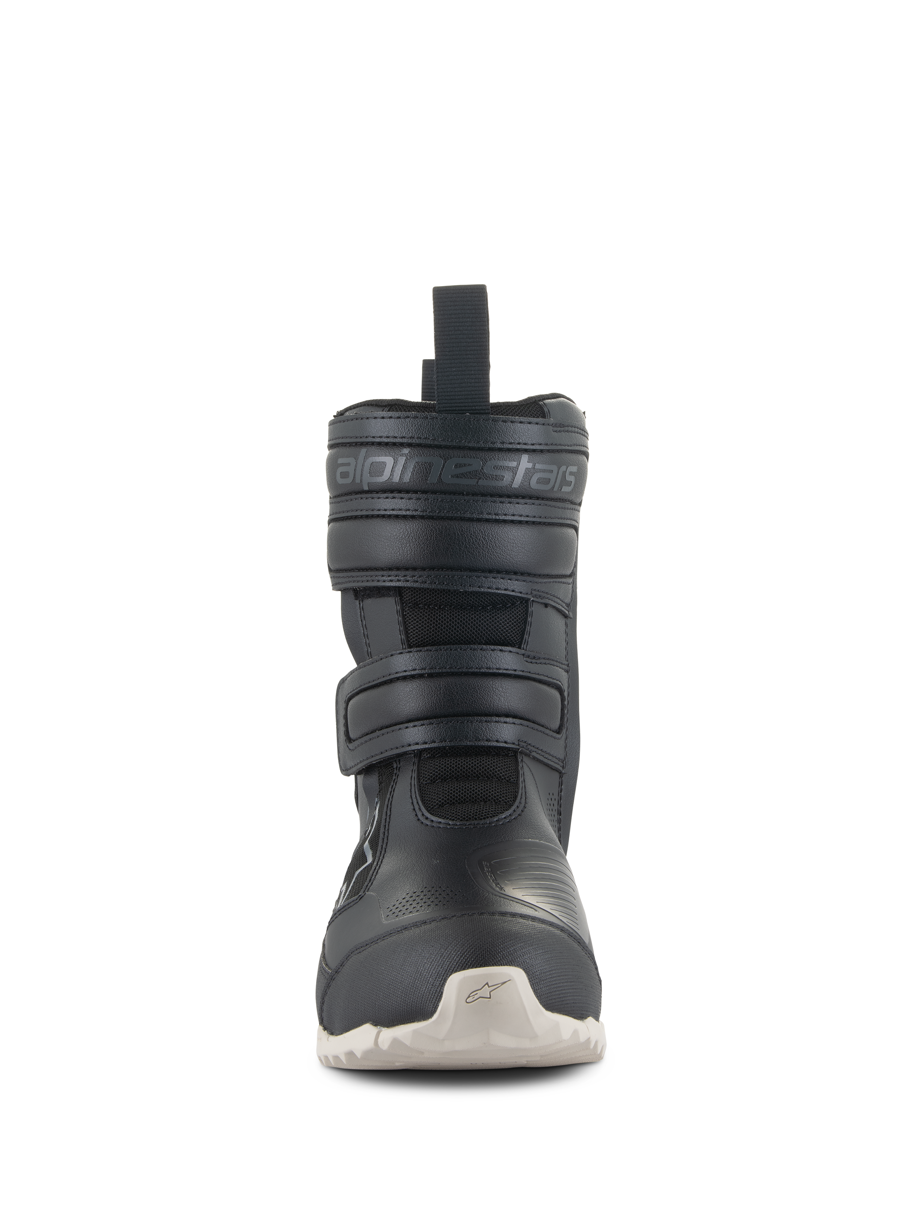 Damskie buty Alpinestars Stella RT-7 Touring Drystar®, czarne turystyczne buty motocyklowe z białą podeszwą, widok z przodu przedstawiający podwójne zapięcia na rzepy i wytłoczone logo Alpinestars, techniczny design do jazdy szosowej i adventure