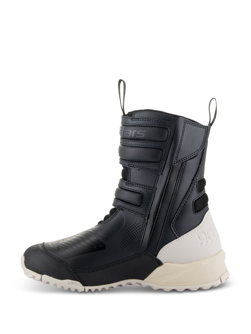 Alpinestars Stella RT-7 Touring Drystar® Boots, damskie buty motocyklowe turystyczne, czarno-białe, profil boczny wysokiego buta z mikrofibry, boczny zamek z regulowanymi paskami, kontrastująca kremowa pięta i podeszwa.