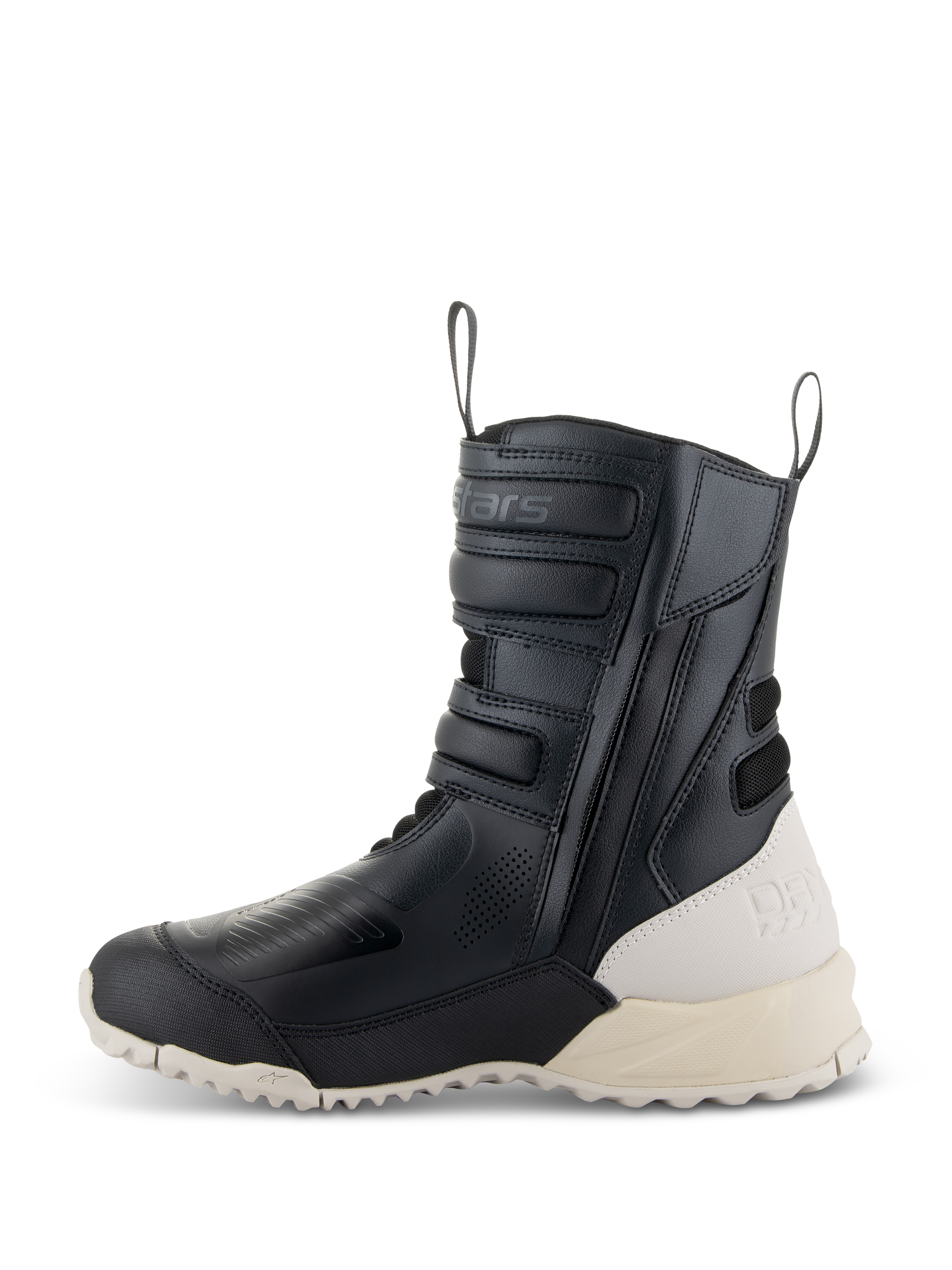 Alpinestars Stella RT-7 Touring Drystar® Boots, damskie buty motocyklowe turystyczne, czarno-białe, profil boczny wysokiego buta z mikrofibry, boczny zamek z regulowanymi paskami, kontrastująca kremowa pięta i podeszwa.