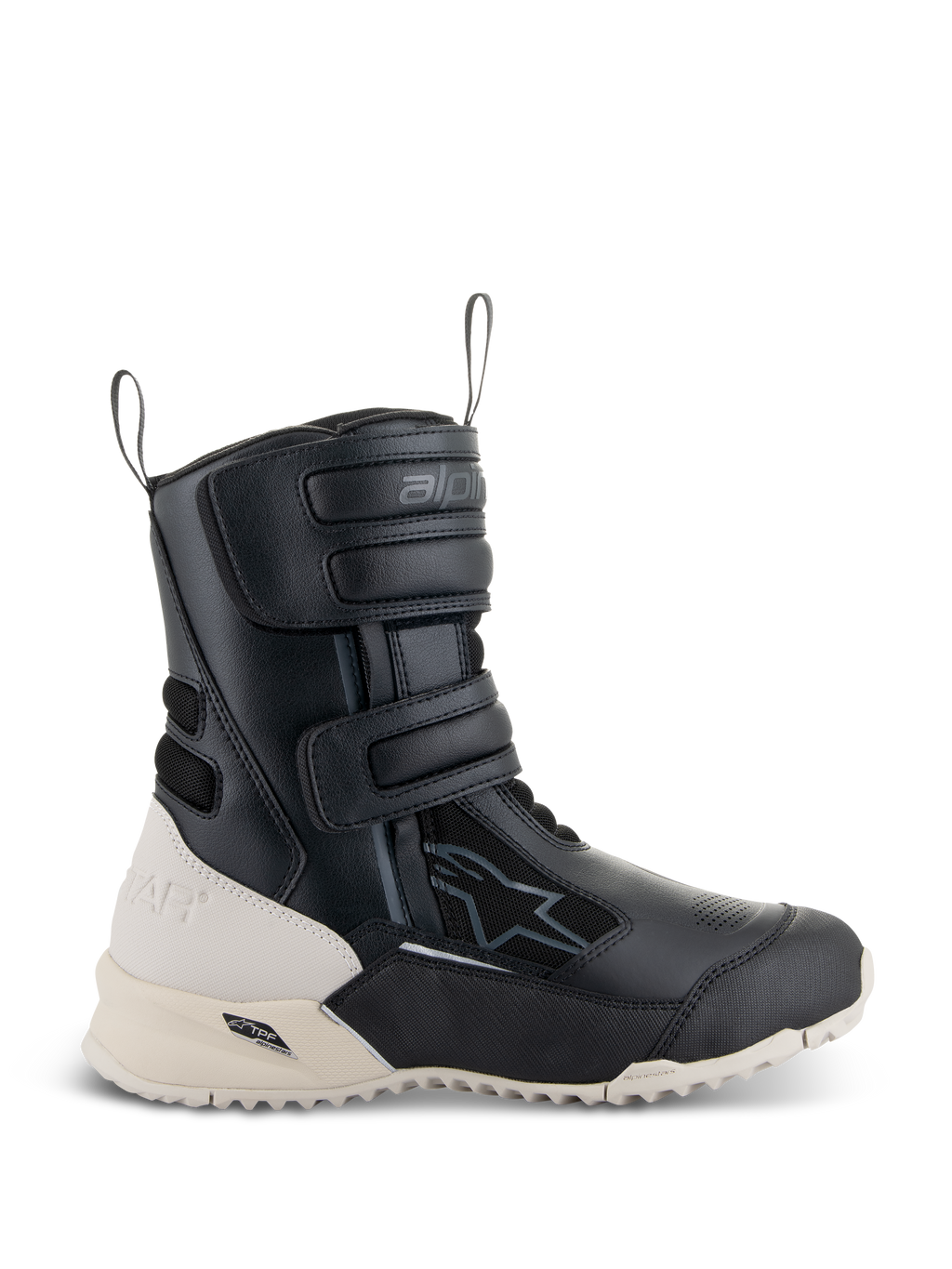 Alpinestars Stella RT-7 Touring Drystar, damskie buty motocyklowe turystyczne, czarno-białe, trzy regulowane paski na rzepy, przednie i tylne pętle do zakładania, wytrzymała podeszwa z wypustkami i ramą ochronną TPF