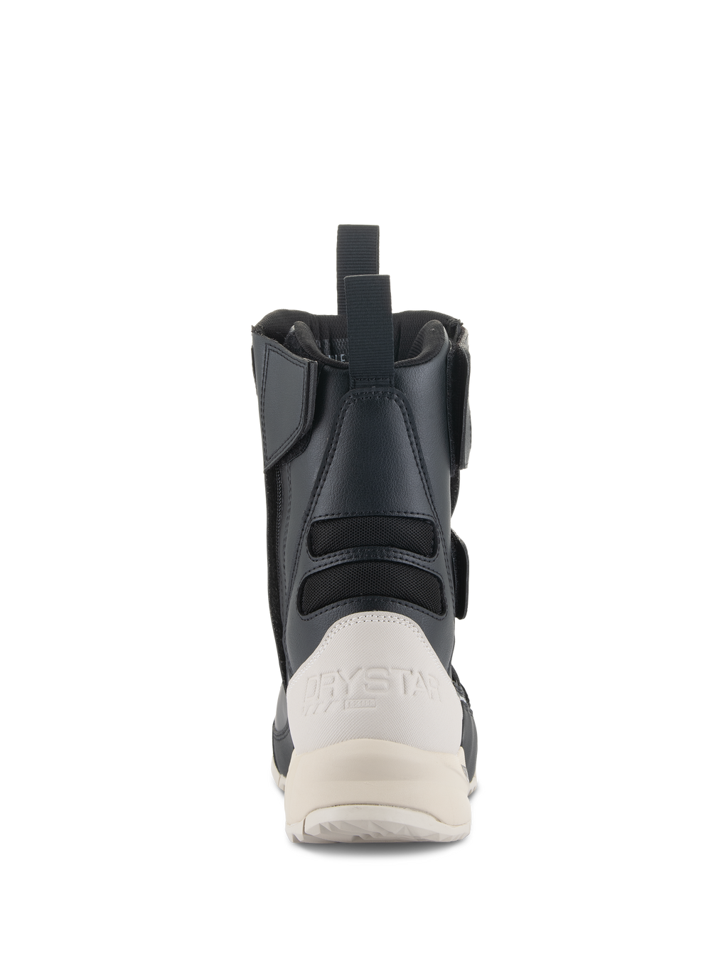 Alpinestars Stella RT-7 Touring Drystar®, damskie buty turystyczne, widok z tyłu, czarno-białe, biały wzmocniony zapiętek z logo Drystar, tylna pętla, tekstylne panele harmonijkowe zapewniające elastyczność