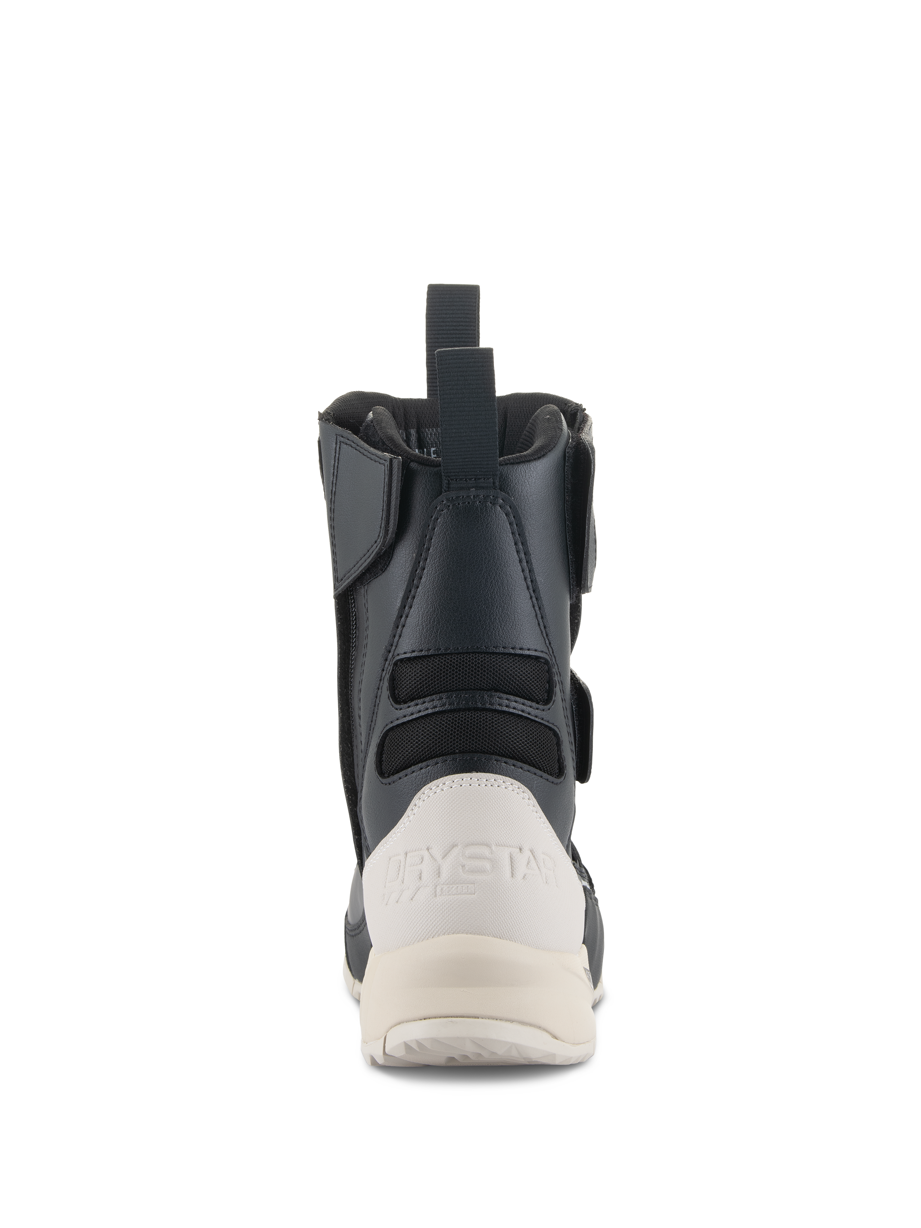 Alpinestars Stella RT-7 Touring Drystar®, damskie buty turystyczne, widok z tyłu, czarno-białe, biały wzmocniony zapiętek z logo Drystar, tylna pętla, tekstylne panele harmonijkowe zapewniające elastyczność