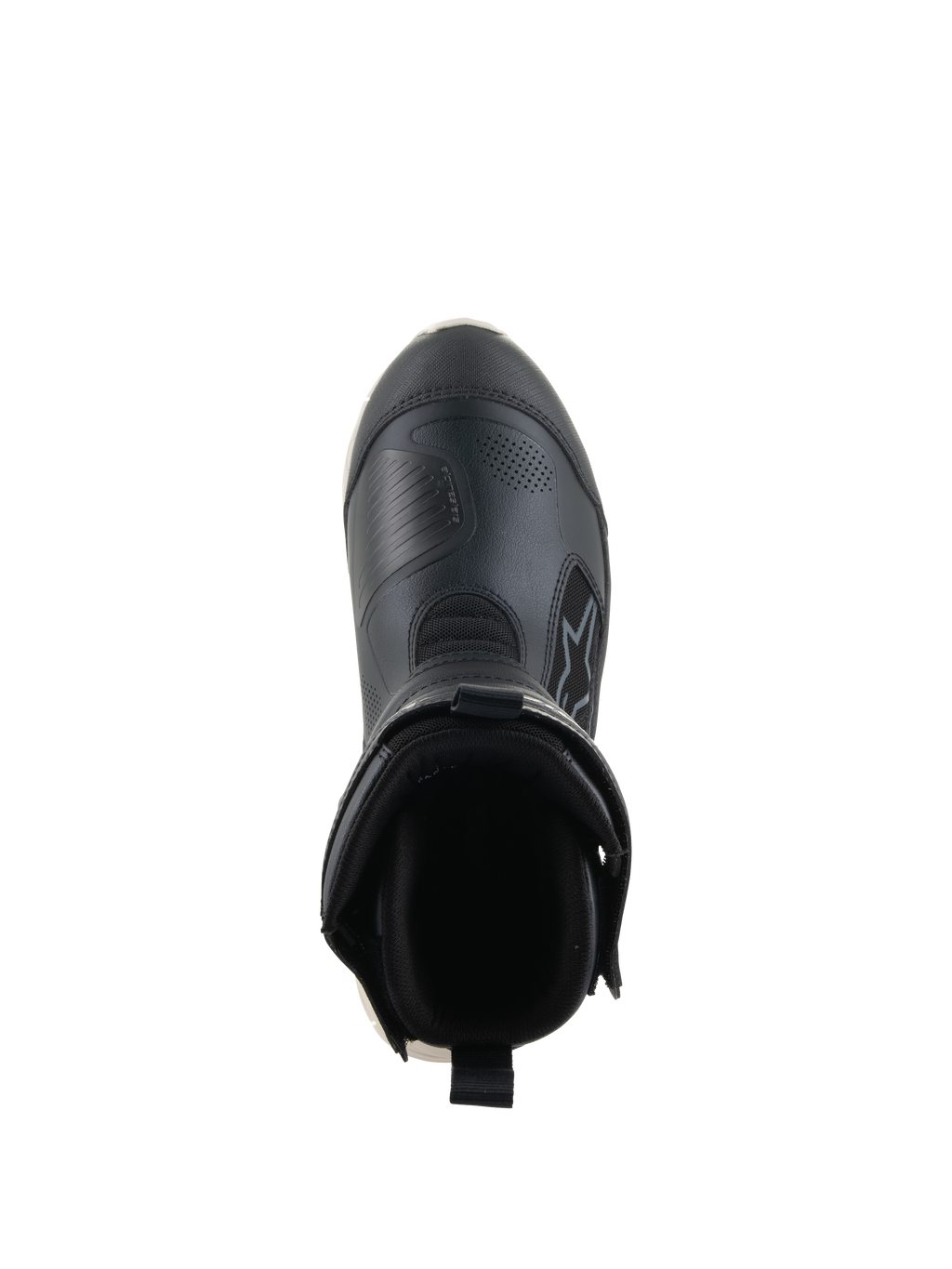 Buty Alpinestars Stella RT-7 Touring Drystar®, damskie motocyklowe buty turystyczne, czarno-białe, widok z góry na otwór buta, z wyściełanym kołnierzem, tylną pętlą ułatwiającą zakładanie i wytrzymałą cholewką z mikrofibry z logo Alpinestars