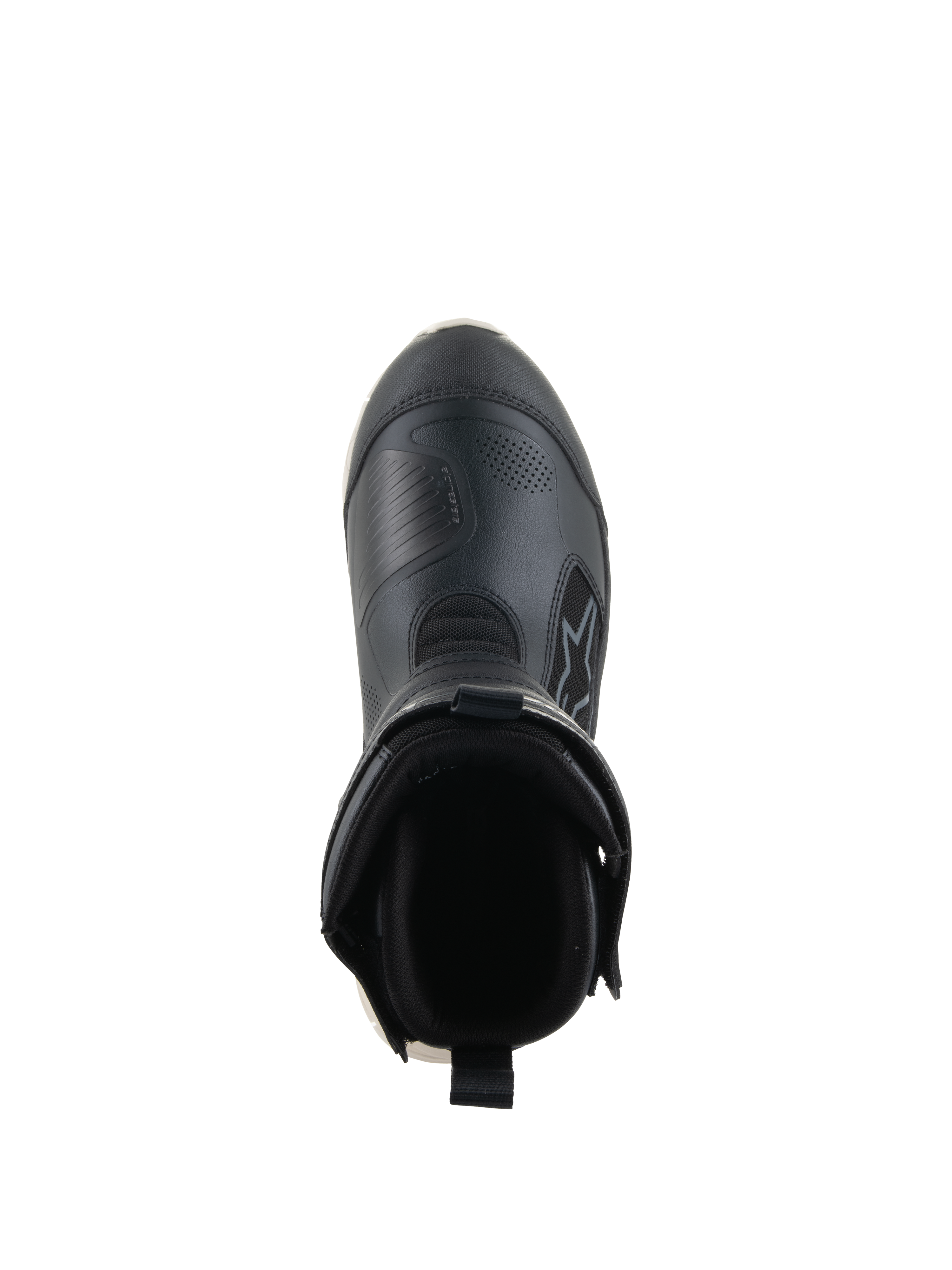 Buty Alpinestars Stella RT-7 Touring Drystar®, damskie motocyklowe buty turystyczne, czarno-białe, widok z góry na otwór buta, z wyściełanym kołnierzem, tylną pętlą ułatwiającą zakładanie i wytrzymałą cholewką z mikrofibry z logo Alpinestars