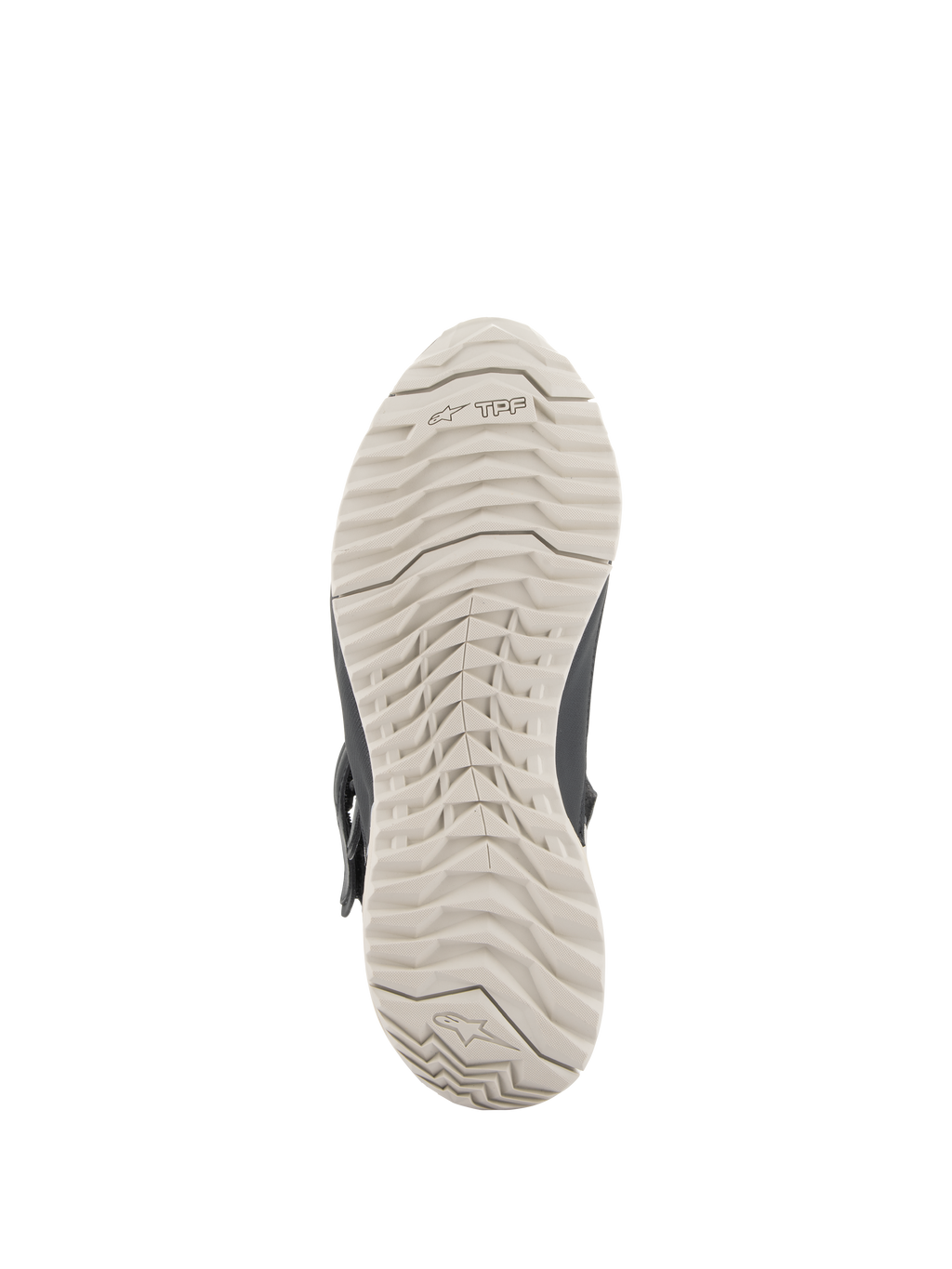 Damskie buty turystyczne Alpinestars Stella RT-7 Drystar®, widok podeszwy, jasnoszara gumowa podeszwa z wytrzymałym wzorem bieżnika i logo TPF, zaprojektowana pod kątem przyczepności i wsparcia poprzecznej ramy ochronnej