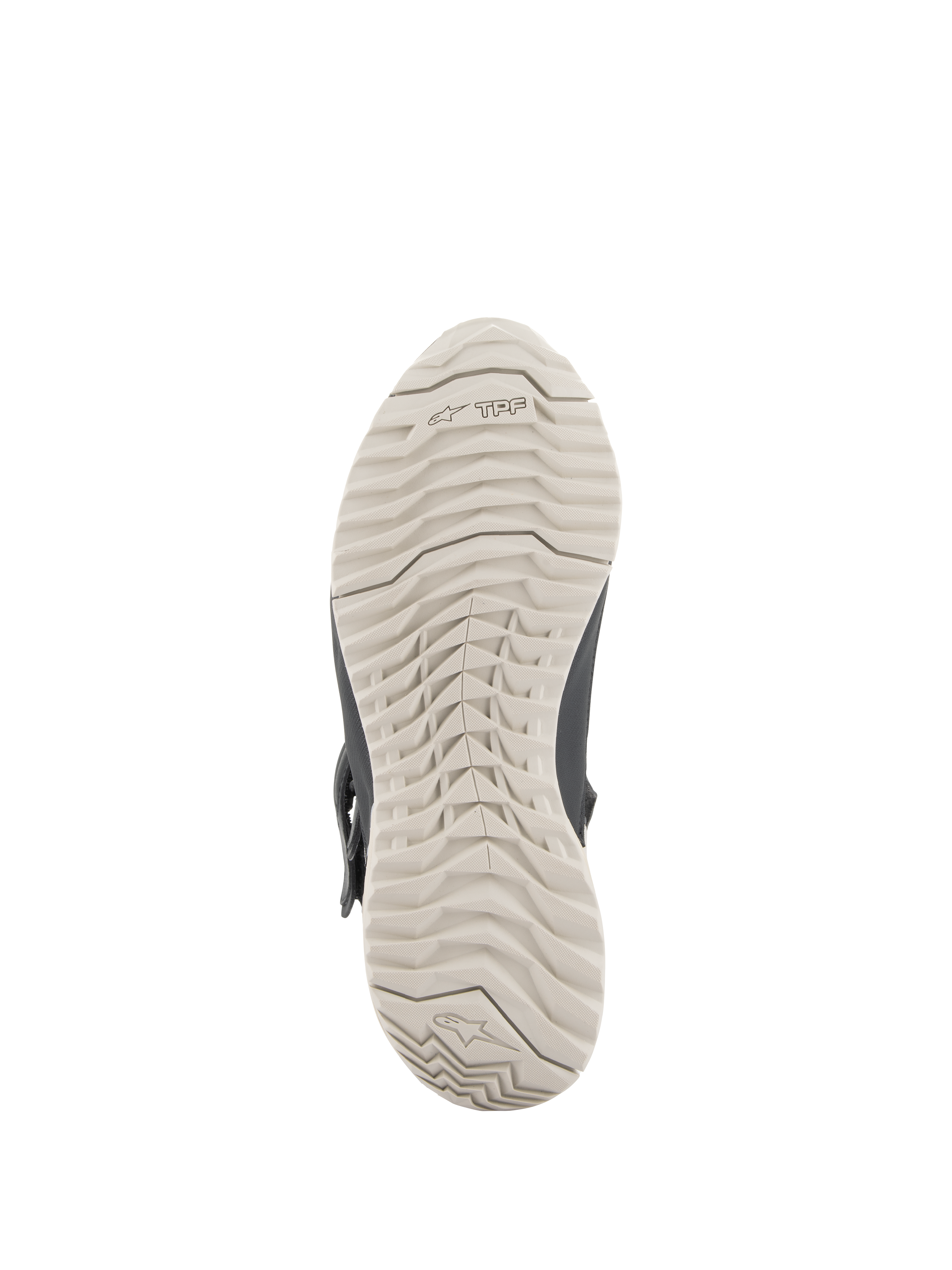 Damskie buty turystyczne Alpinestars Stella RT-7 Drystar®, widok podeszwy, jasnoszara gumowa podeszwa z wytrzymałym wzorem bieżnika i logo TPF, zaprojektowana pod kątem przyczepności i wsparcia poprzecznej ramy ochronnej