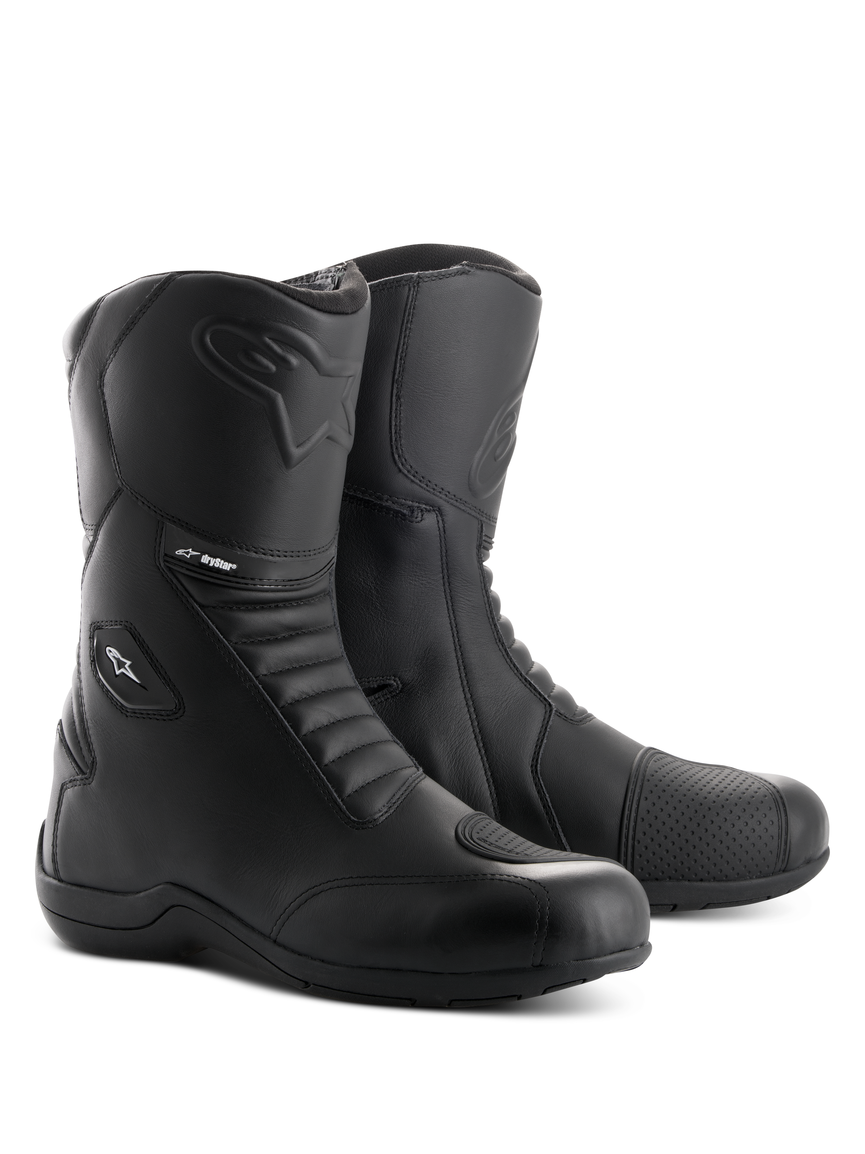 Alpinestars Andes V2 Drystar Boots, Black Motorcycle Touring Boots, waterproof leather construction with front and rear accordion flex panels, side entry zipper with flap closure, featuring embossed Alpinestars logo and Drystar branding, durable footwear for road and adventure riding.