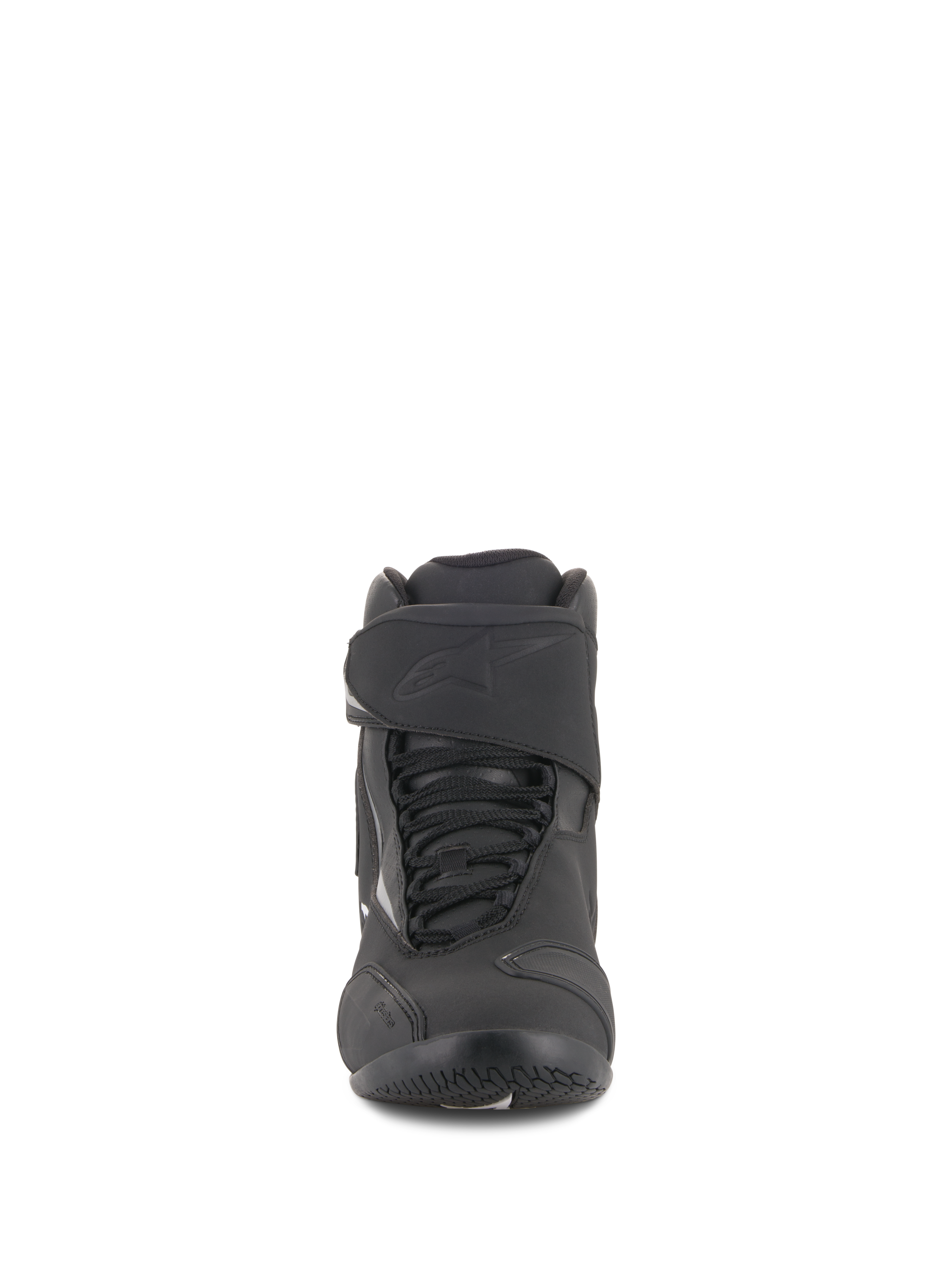 Alpinestars Fastback 2 Drystar® Waterproof Shoes, Black and White, front view featuring lace system with adjustable hook-and-loop strap, embossed logo, durable leather and microfiber construction for road riding