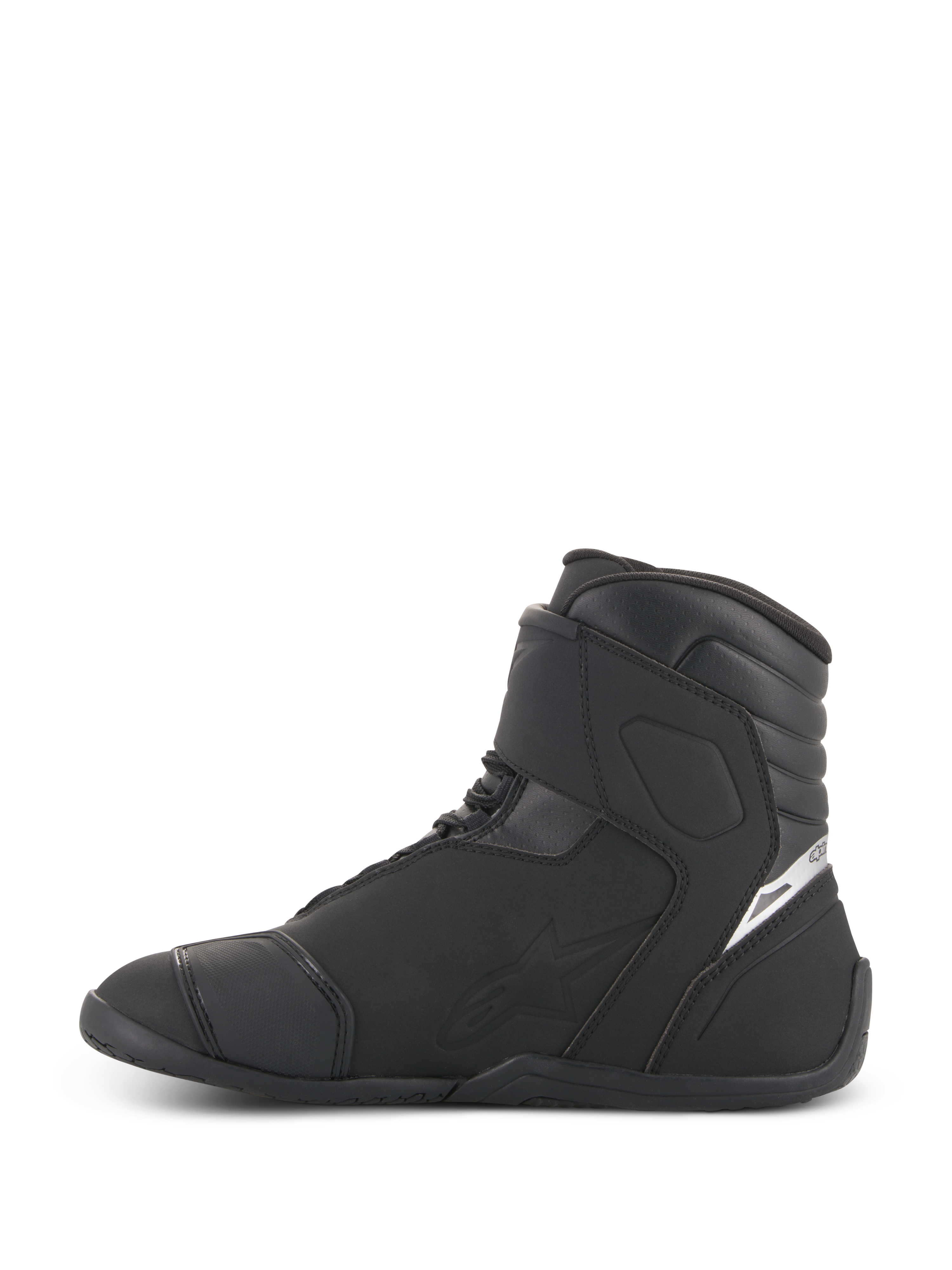 Alpinestars Fastback 2 Drystar® Waterproof Shoes, Motorcycle Riding Shoes, Black and White, side profile view, black leather and microfiber construction with high-top cuff, white logo detail on heel, sleek waterproof footwear for road riding