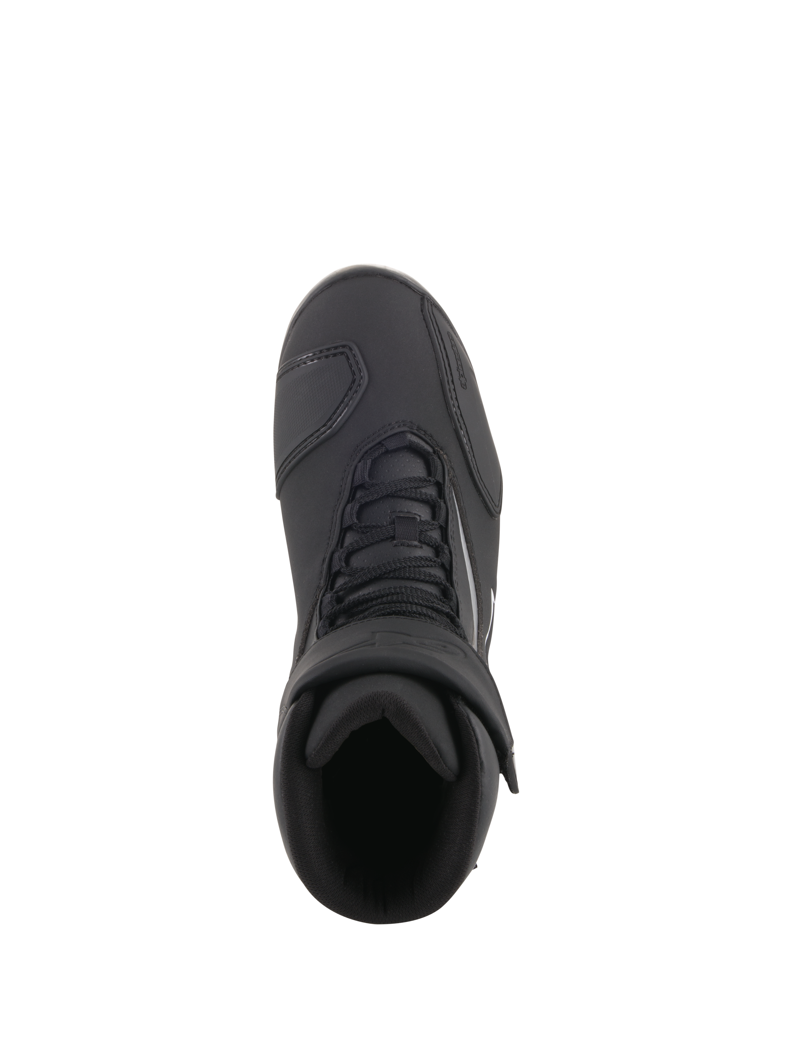 Alpinestars Fastback 2 Drystar® Waterproof Shoes, Motorcycle Riding Shoes, Black and White, top-down view showing lace closure and adjustable hook-and-loop strap, waterproof road riding footwear