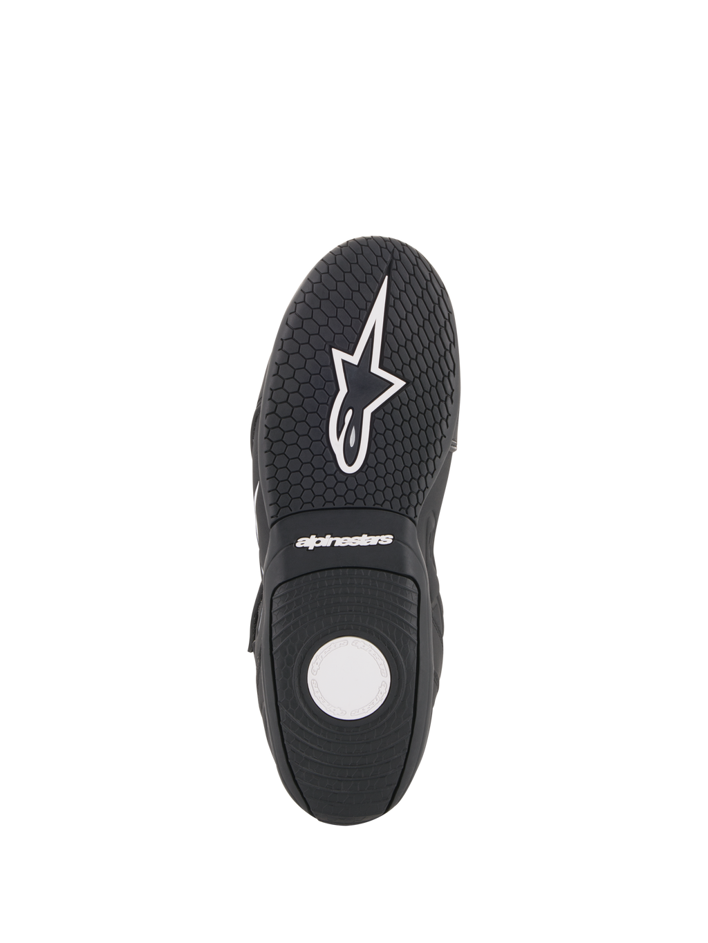 Alpinestars Fastback 2 Drystar® Waterproof Shoes, Motorcycle Riding Shoes, Black and White, sole view showing textured rubber outsole, hexagonal grip pattern, and white Alpinestars branding