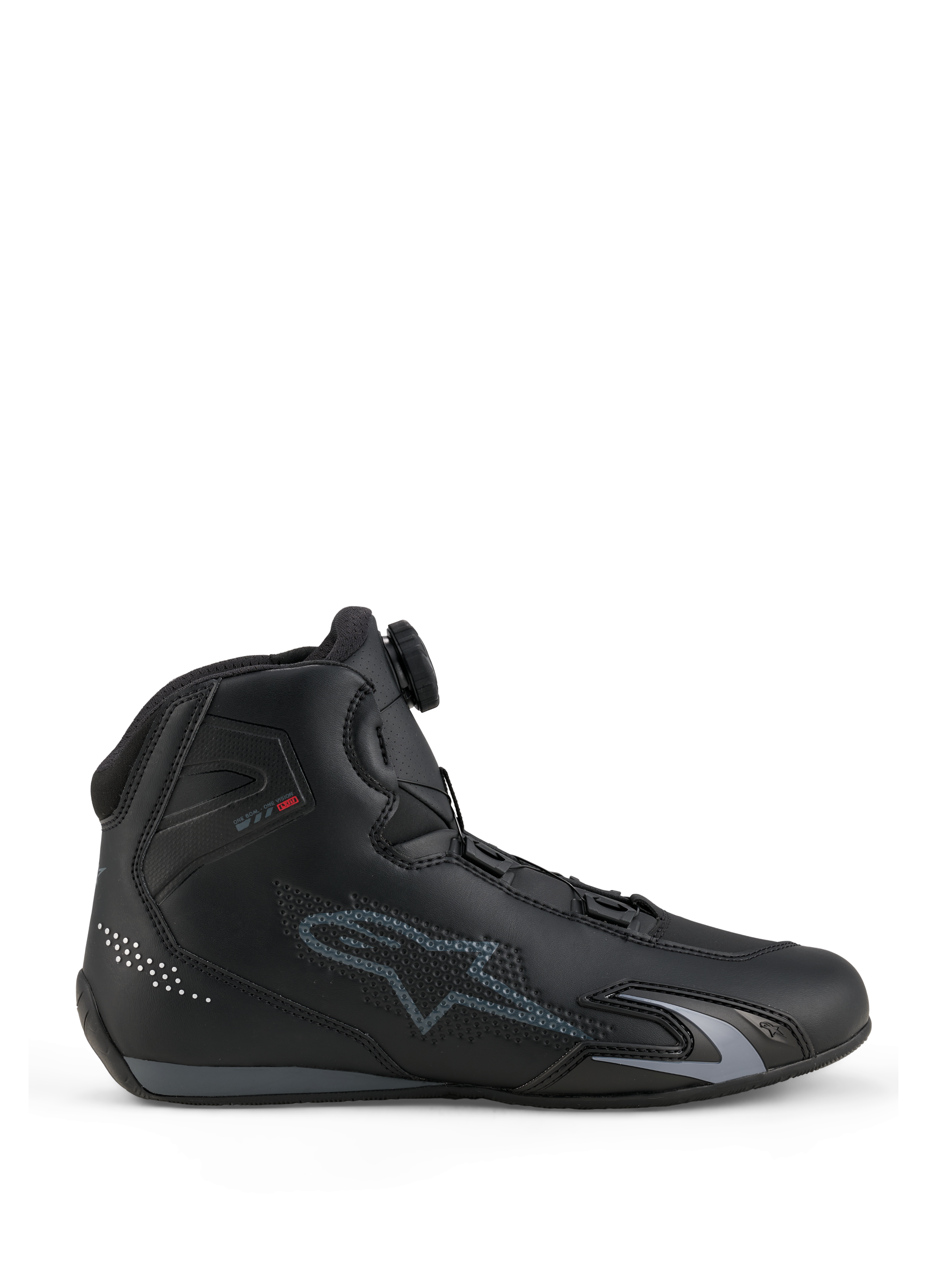 Alpinestars Celer Shoes, buty motocyklowe, czarno-ciemnoszare, widok z boku prezentujący pokrętło systemu zapięcia Rotor na języku, cholewka z technicznej mikrofibry z szarym logo Alpinestars, opływowy profil sportowy i wyścigowy