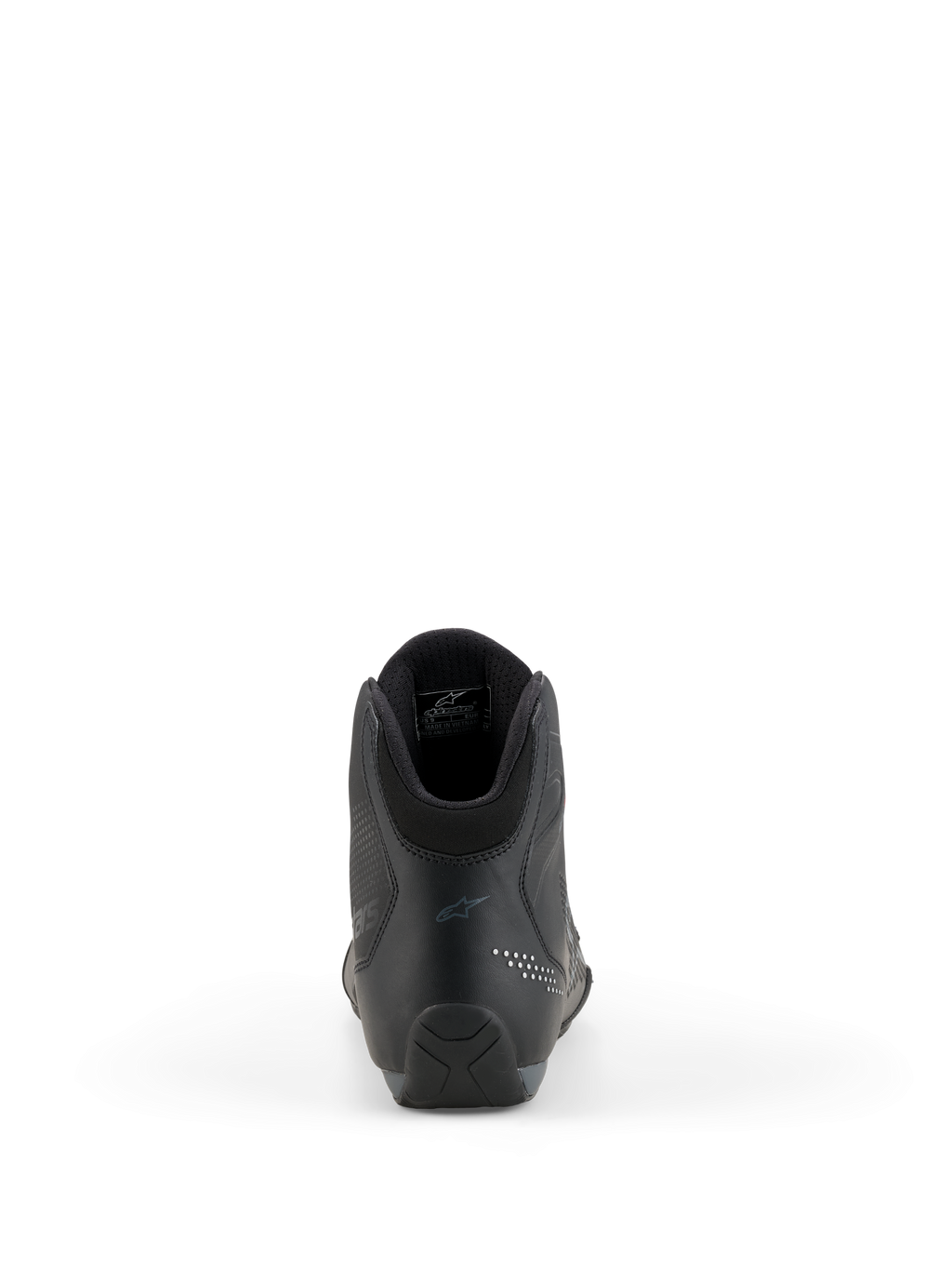 Buty Alpinestars Celer, buty motocyklowe, czarne i ciemnoszare, widok z tyłu podkreślający wzmocnioną piętę, kołnierz kostki i subtelne logo, techniczna konstrukcja z mikrofibry dla motocyklistów sportowych i wyścigowych