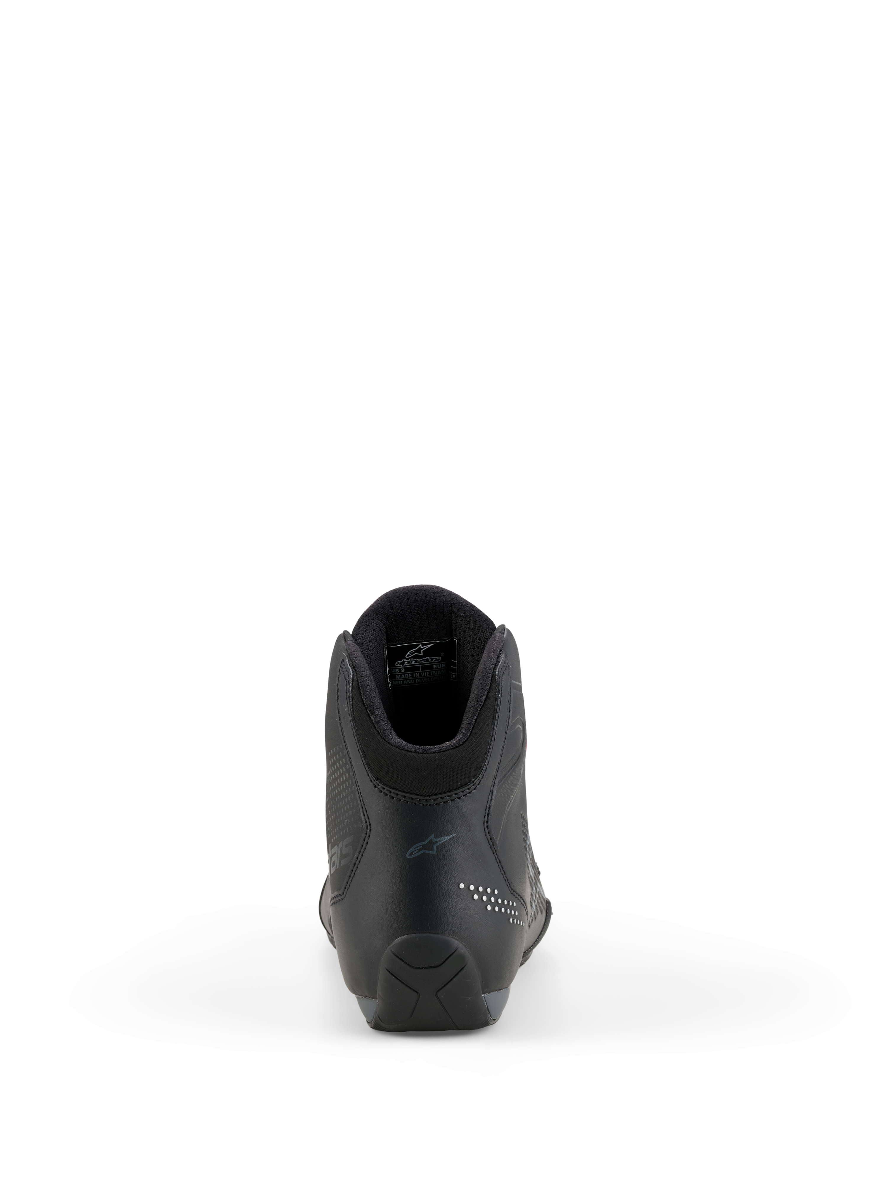 Buty Alpinestars Celer, buty motocyklowe, czarne i ciemnoszare, widok z tyłu podkreślający wzmocnioną piętę, kołnierz kostki i subtelne logo, techniczna konstrukcja z mikrofibry dla motocyklistów sportowych i wyścigowych