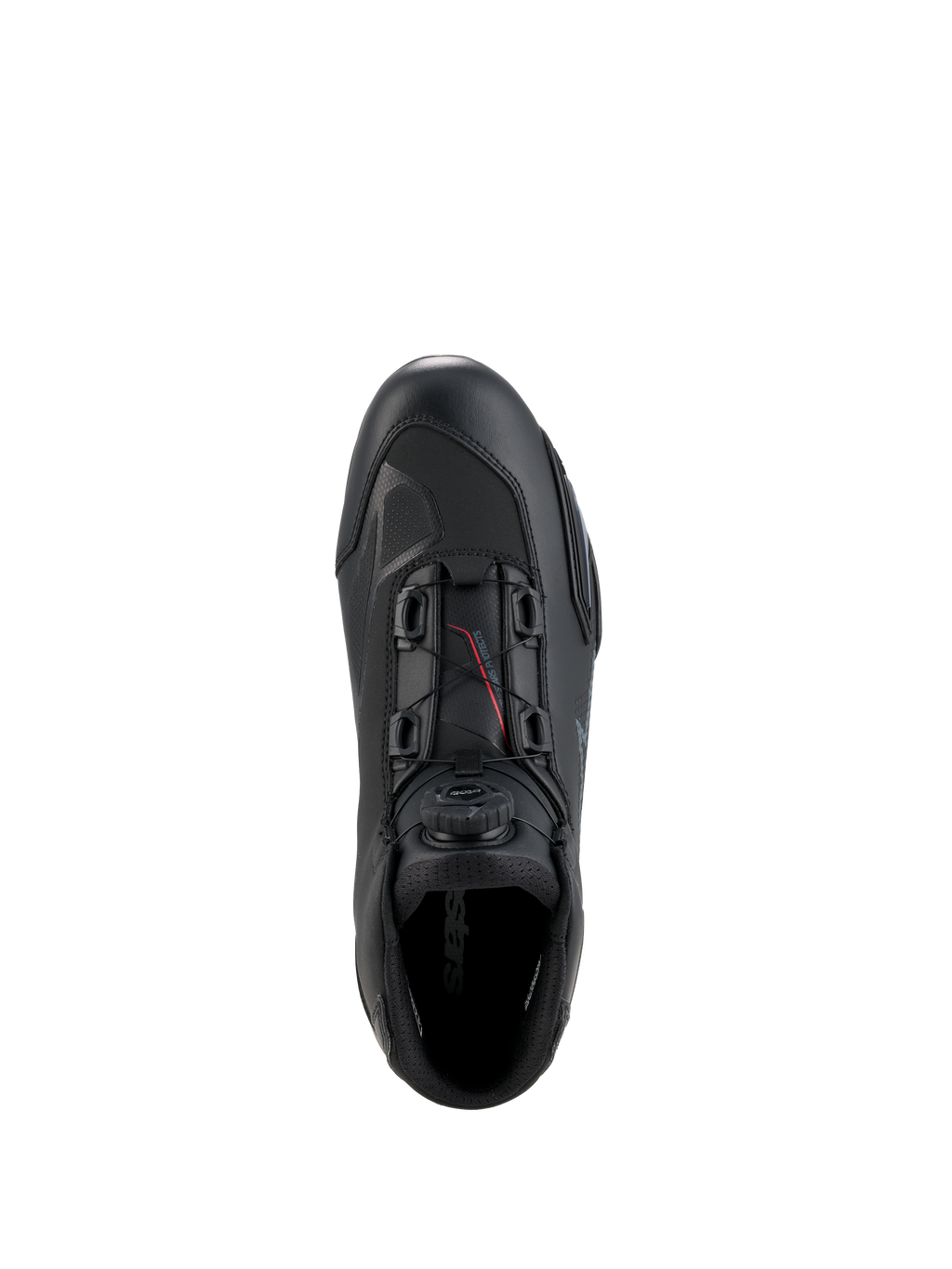 Buty Alpinestars Celer, buty motocyklowe, czarne i ciemnoszare, widok z góry prezentujący pokrętło i linki systemu zapięcia Rotor Closure System, konstrukcja z technicznej mikrofibry o smukłym, wyścigowym profilu, ochronne obuwie sportowe