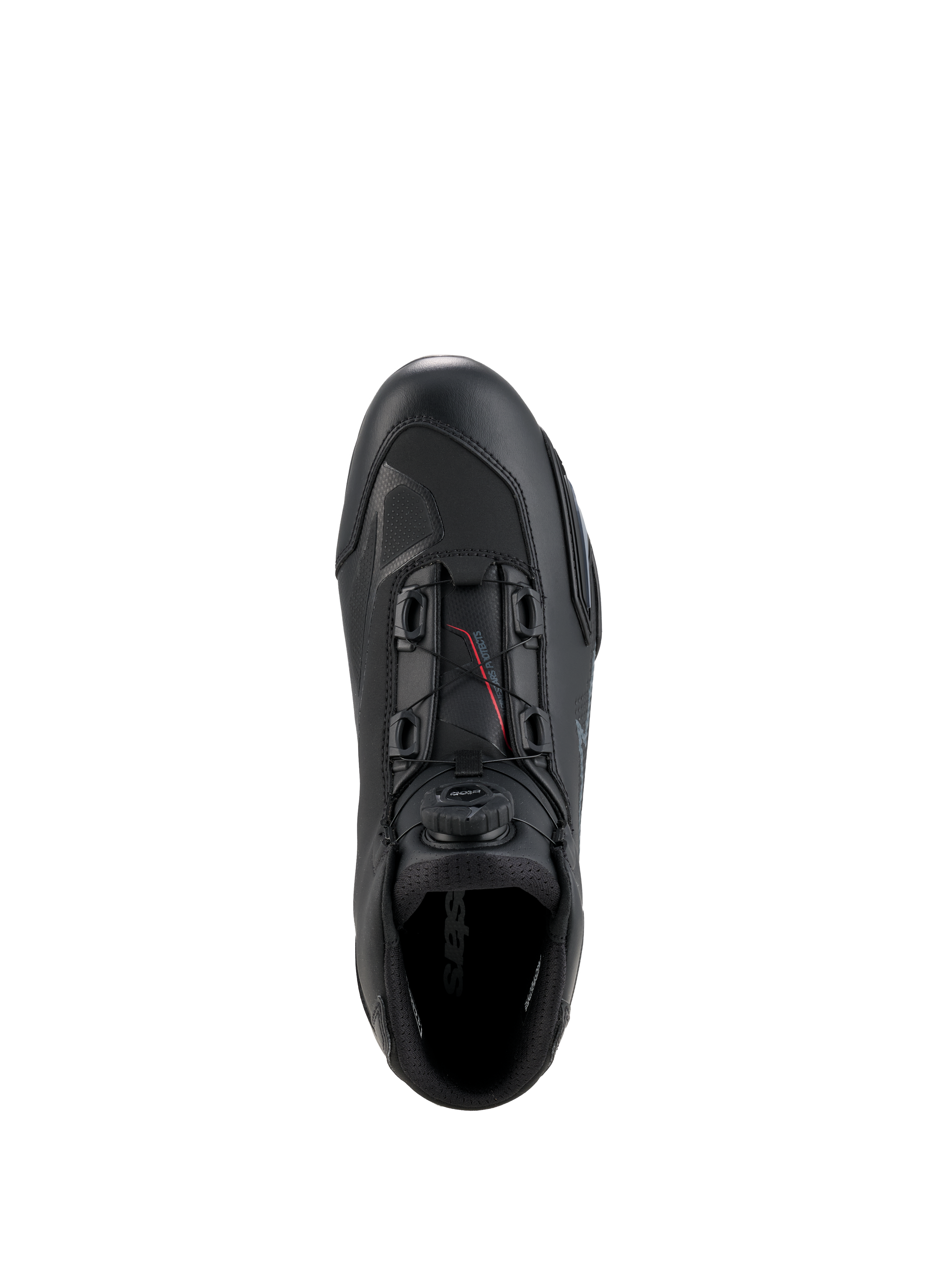 Buty Alpinestars Celer, buty motocyklowe, czarne i ciemnoszare, widok z góry prezentujący pokrętło i linki systemu zapięcia Rotor Closure System, konstrukcja z technicznej mikrofibry o smukłym, wyścigowym profilu, ochronne obuwie sportowe