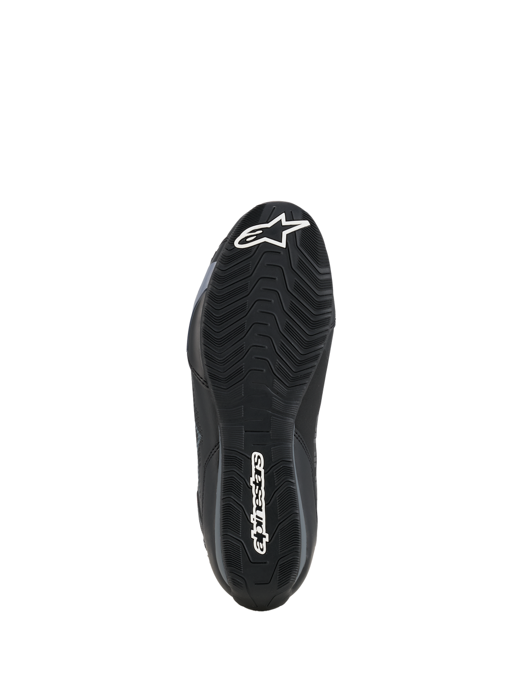 Buty Alpinestars Celer, widok podeszwy, czarna olejoodporna mieszanka gumowa z teksturowanym falistym wzorem, białe logo Alpinestars na palcach i pięcie, zaprojektowane dla przyczepności do podnóżków motocyklowych