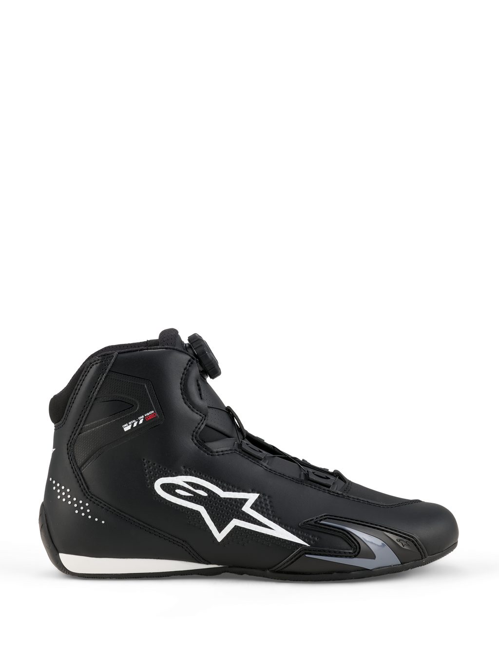 Buty Alpinestars Celer, buty motocyklowe, czarno-białe, profil boczny z dużym białym logo z gwiazdą, system zamykania Rotor z pokrętłem do regulacji dopasowania, smukła sportowa sylwetka