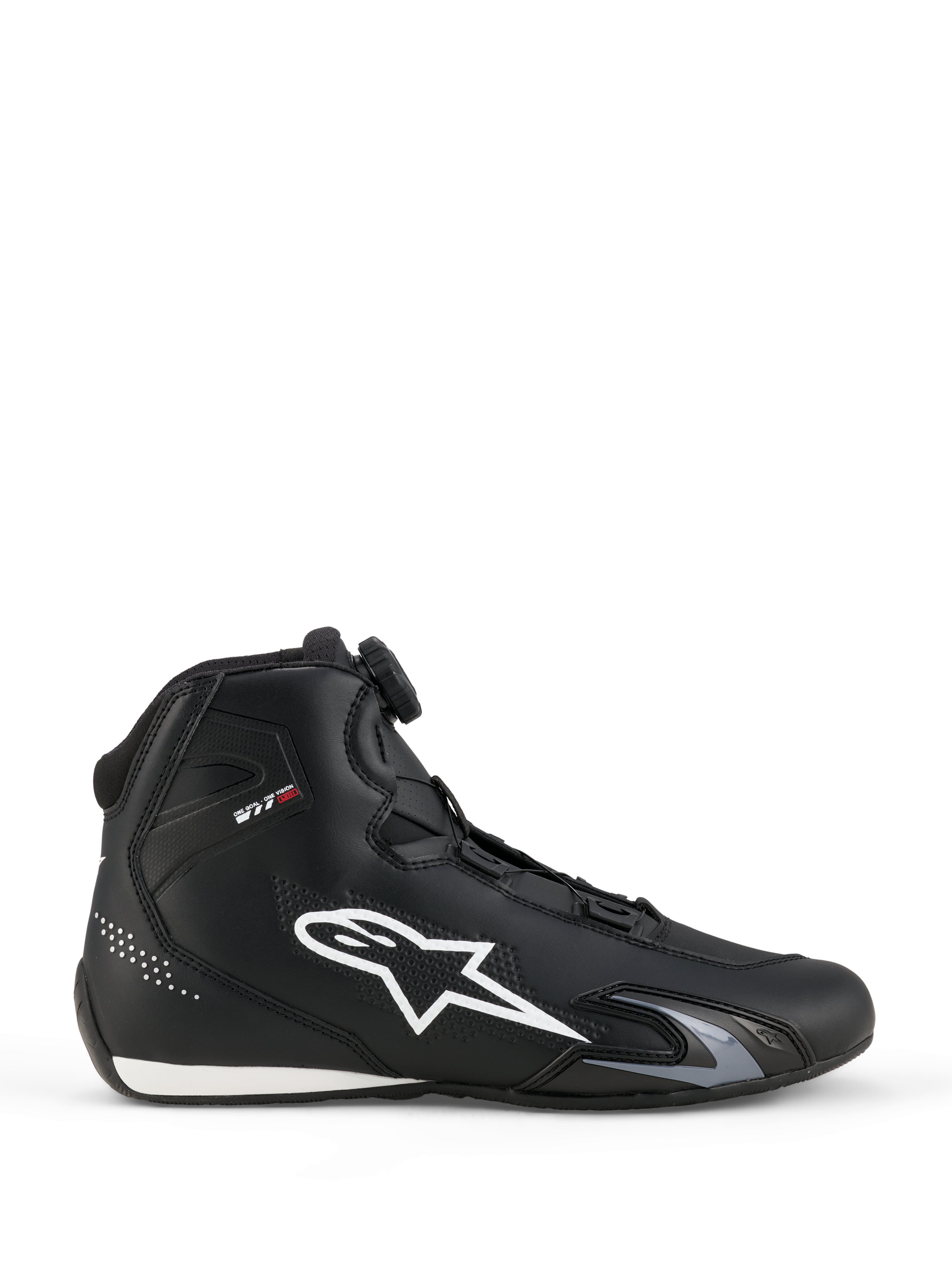 Alpinestars Celer Shoes, Motorcycle Riding Shoes, Black and White, lateral side profile with large white star logo, Rotor Closure System dial for fit adjustment, and sleek sport-performance silhouette