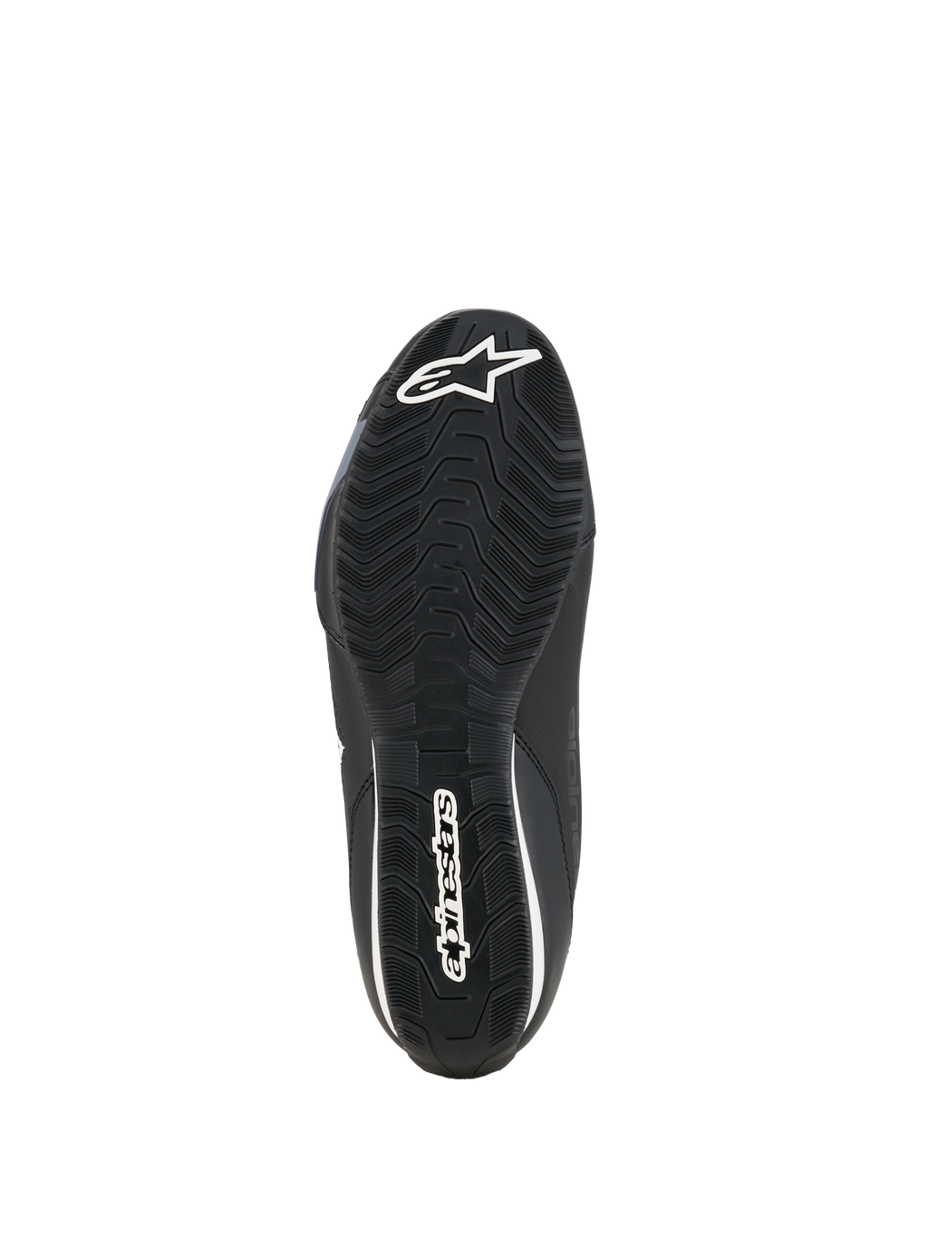 Alpinestars Celer Shoes, buty motocyklowe, czarno-białe, widok od spodu na olejoodporną gumową podeszwę z teksturowanym wzorem przyczepności i białym brandingiem Alpinestars.