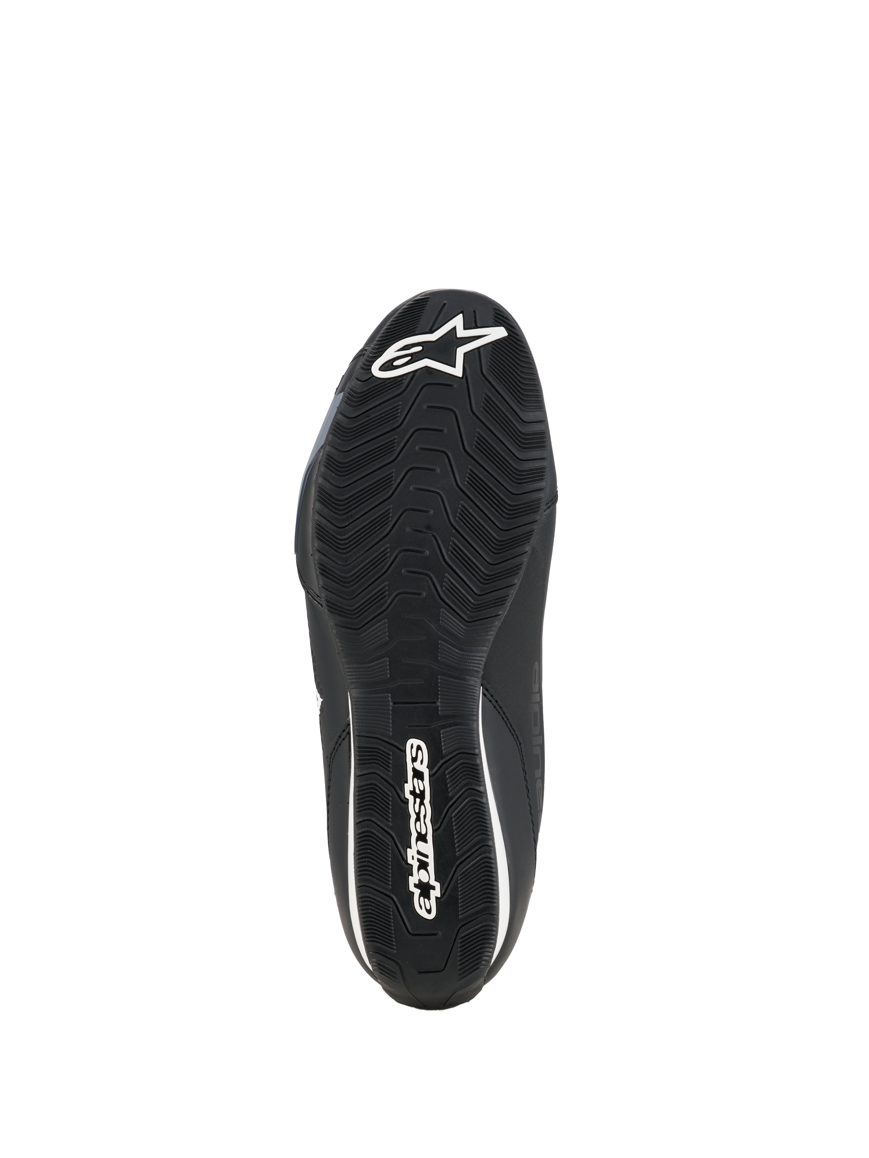 Alpinestars Celer Shoes, buty motocyklowe, czarno-białe, widok od spodu na olejoodporną gumową podeszwę z teksturowanym wzorem przyczepności i białym brandingiem Alpinestars.