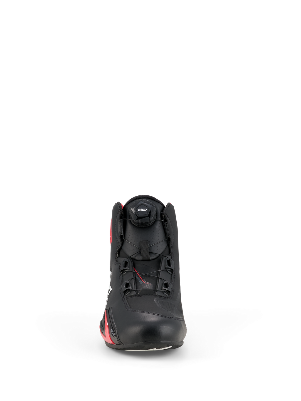 Buty Alpinestars Celer, buty motocyklowe, czarne i jaskrawoczerwone, widok z przodu z pokrętłem systemu zapięcia Rotor, techniczna cholewka z mikrofibry i opływowy design inspirowany wyścigami