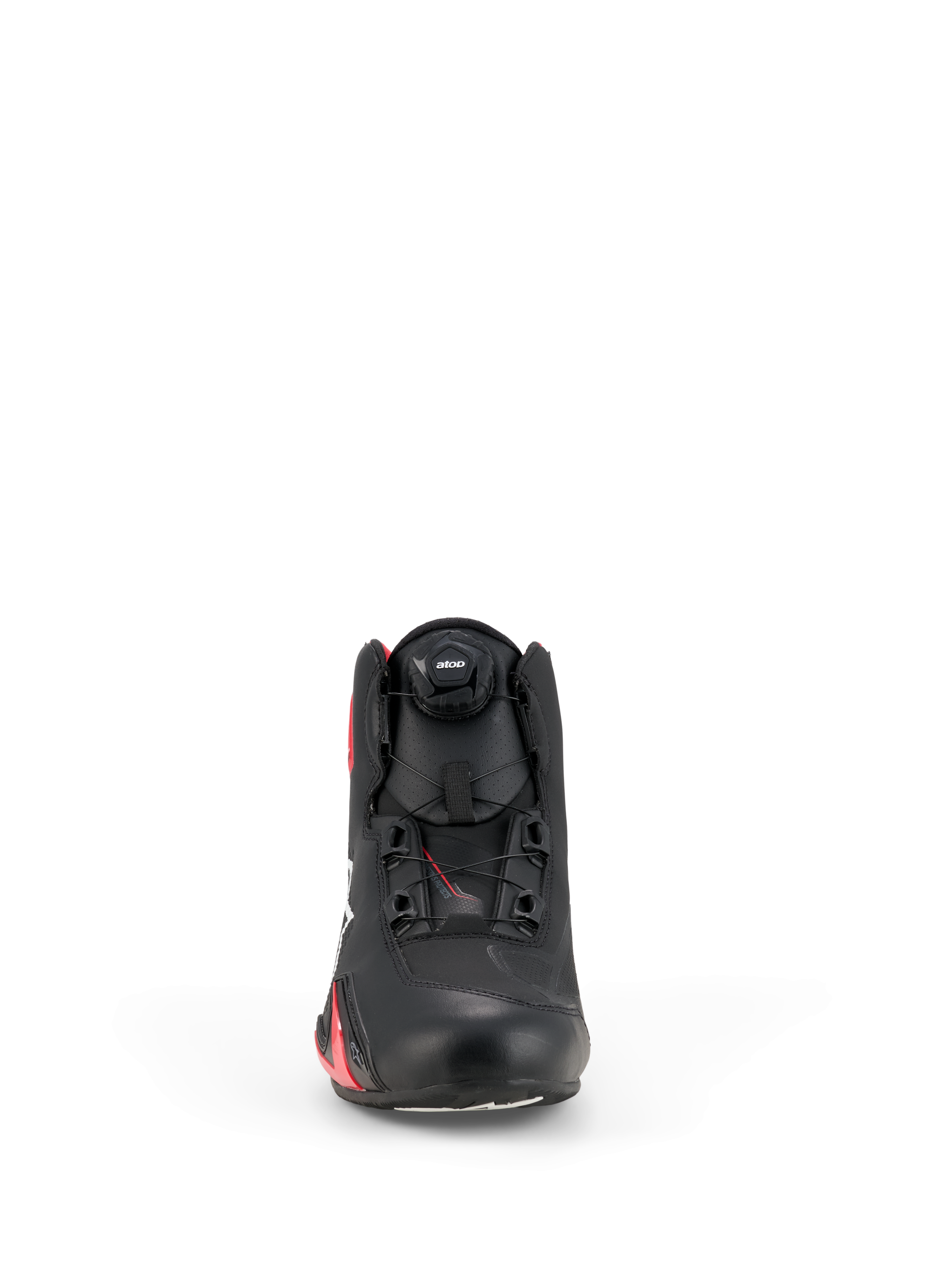 Buty Alpinestars Celer, buty motocyklowe, czarne i jaskrawoczerwone, widok z przodu z pokrętłem systemu zapięcia Rotor, techniczna cholewka z mikrofibry i opływowy design inspirowany wyścigami