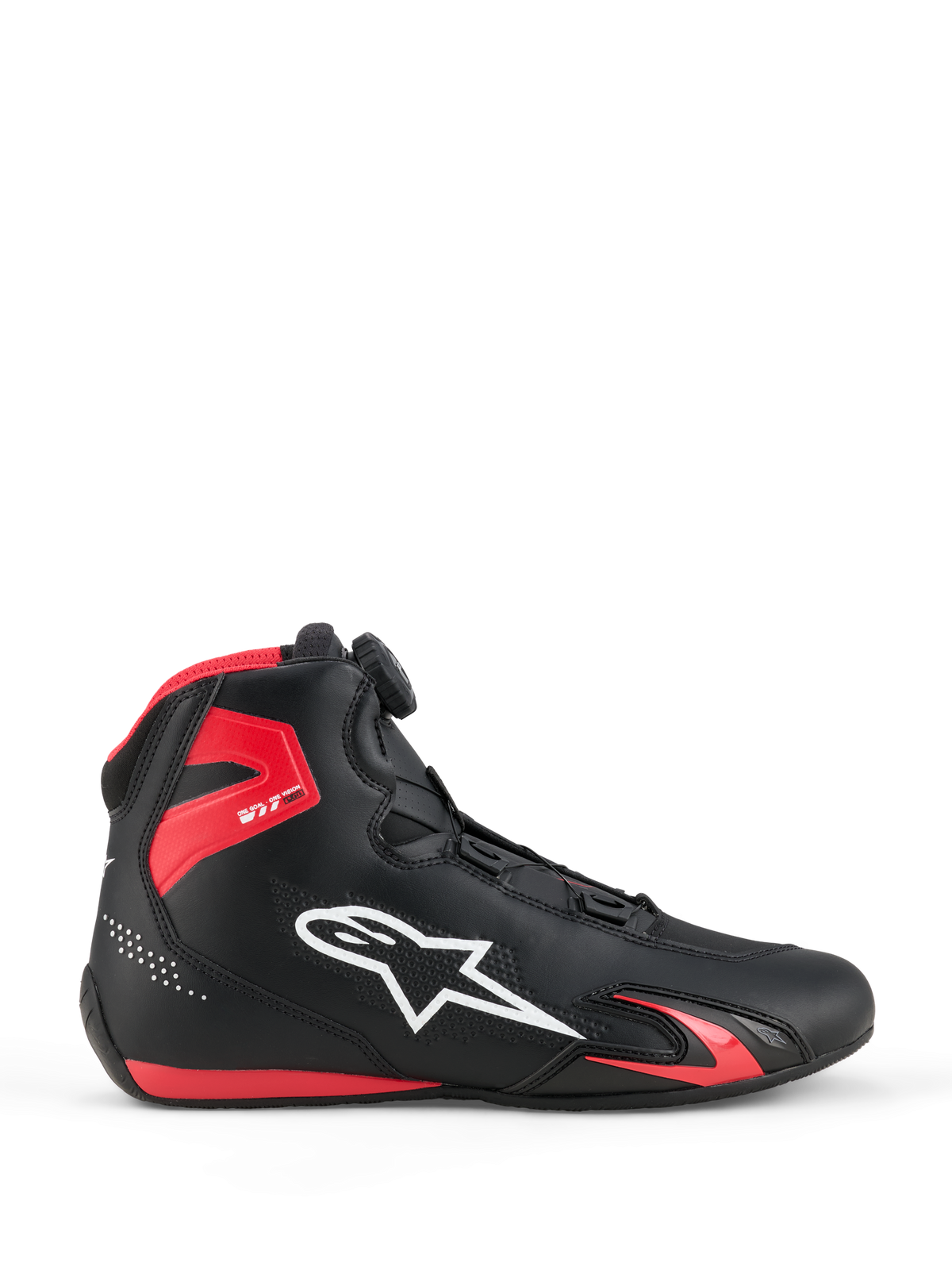 Alpinestars Celer Shoes, Motorcycle Riding Shoes, Black and Bright Red, profile view featuring white Alpinestars logo, Rotor closure system dial, red TPU ankle protection, and streamlined microfiber construction for sport and racing