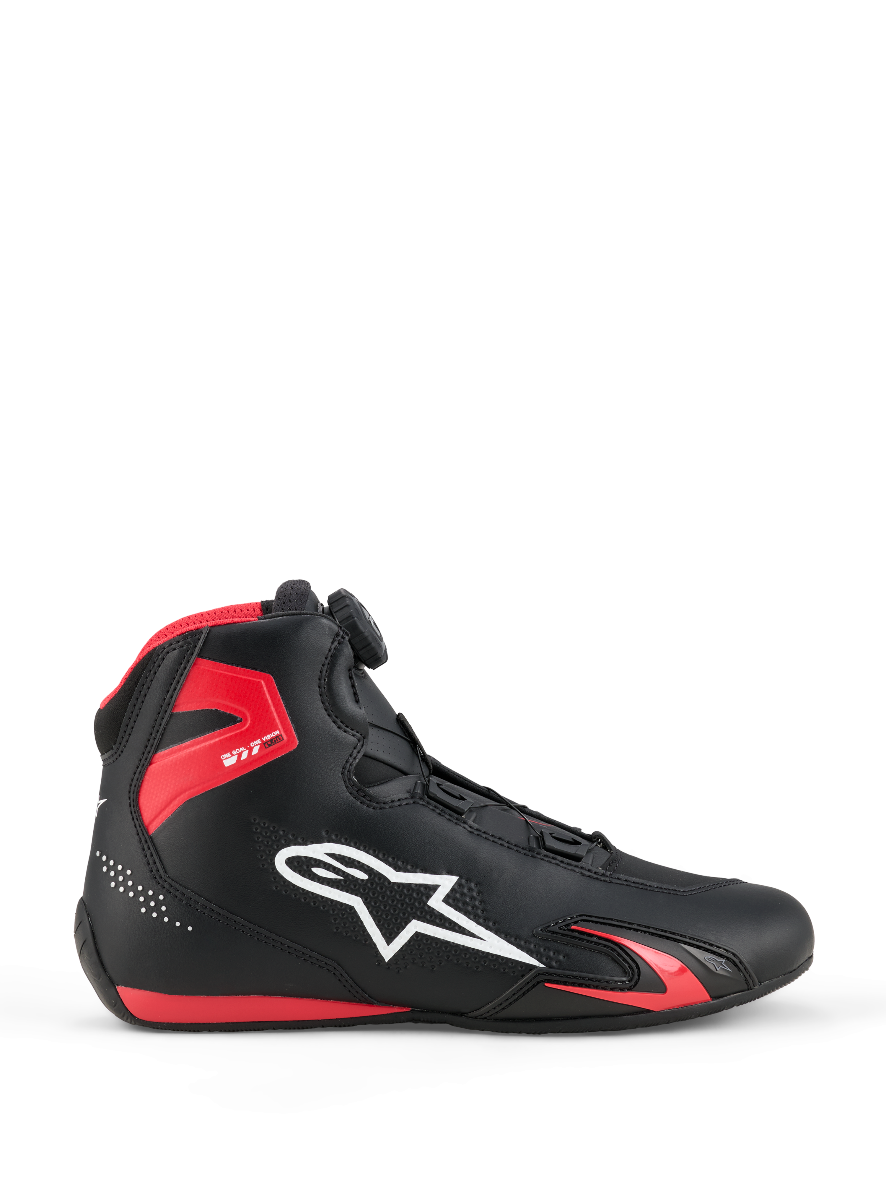 Buty Alpinestars Celer, buty motocyklowe, czarne i jaskrawoczerwone, widok z boku przedstawiający białe logo Alpinestars, system zapięcia Rotor, czerwoną ochronę kostki z TPU oraz opływową konstrukcję z mikrofibry do jazdy sportowej i wyścigowej