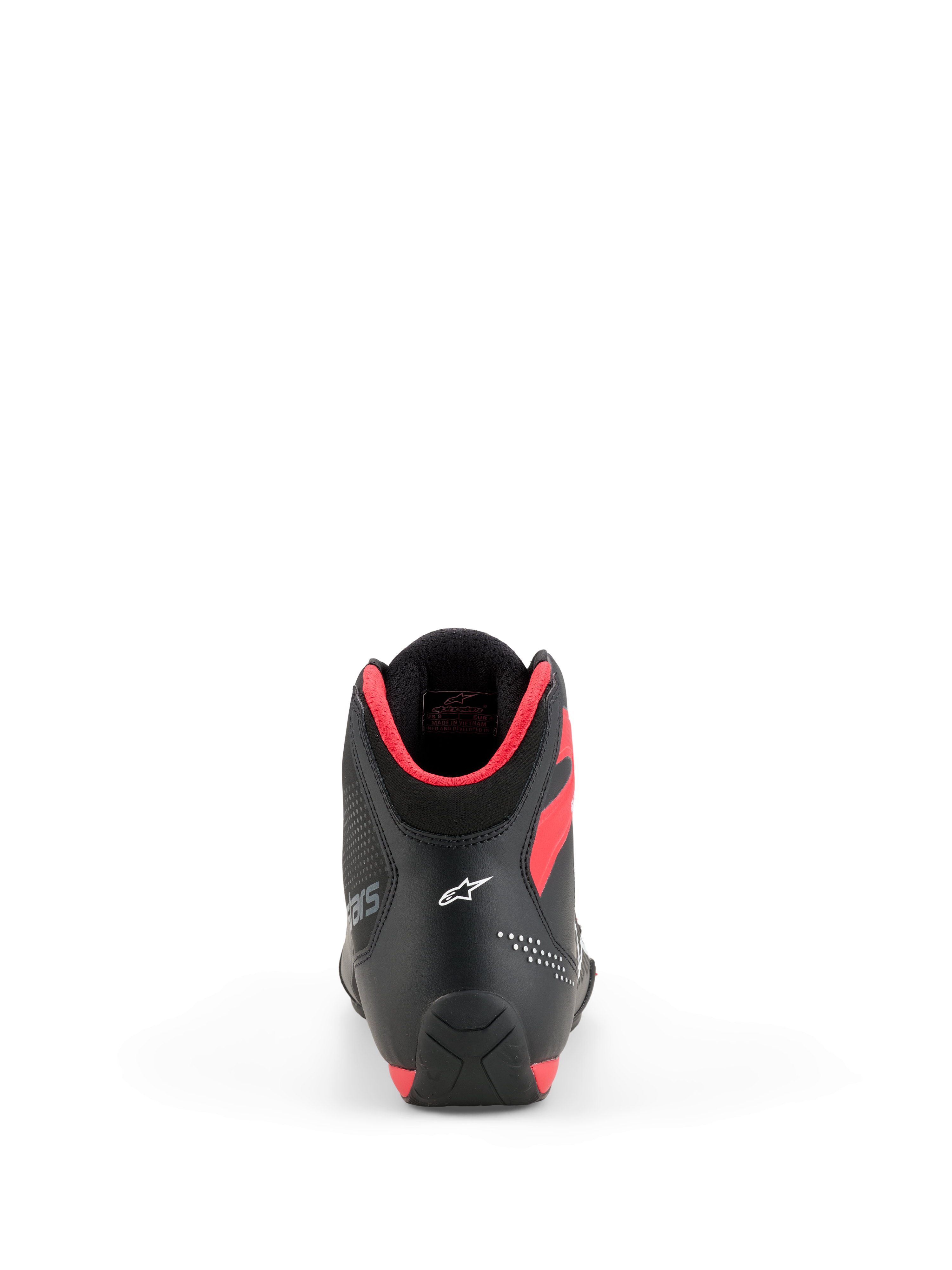 Alpinestars Celer Shoes, buty motocyklowe, czarno-jaskrawoczerwone, widok z tyłu pokazujący białe logo Astar na pięcie i jaskrawoczerwoną wyściółkę kołnierza, smukły sportowy design