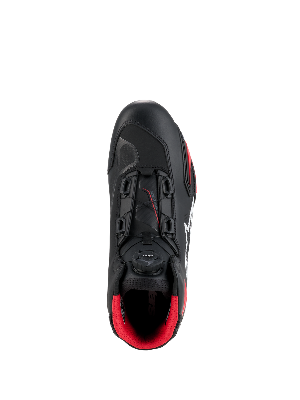 Buty Alpinestars Celer, czarno-czerwone, widok z góry podkreślający pokrętło systemu zapięcia Rotor, techniczną konstrukcję z mikrofibry i jaskrawoczerwoną wyściółkę, sportowe buty motocyklowe