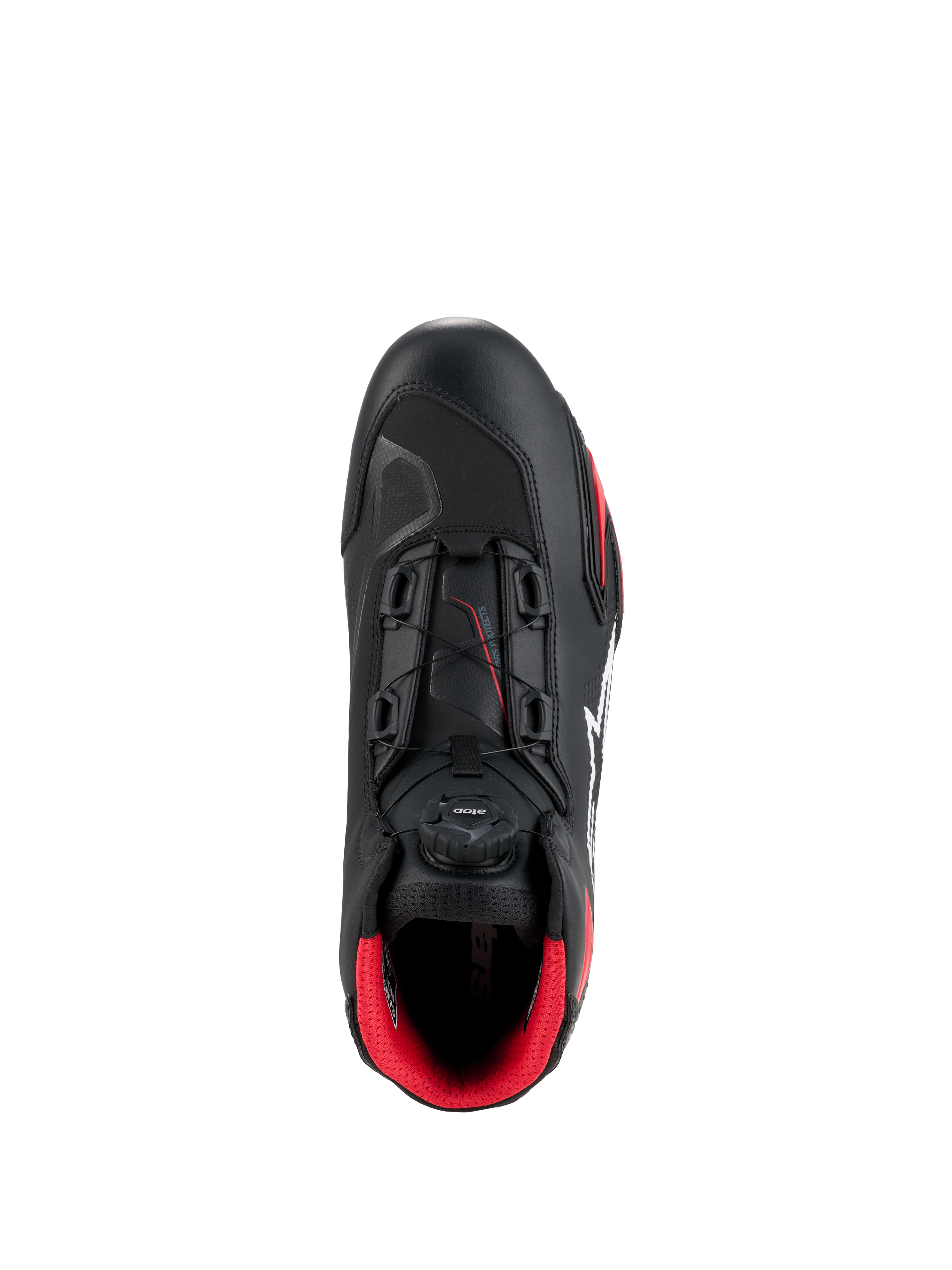 Buty Alpinestars Celer, czarno-czerwone, widok z góry podkreślający pokrętło systemu zapięcia Rotor, techniczną konstrukcję z mikrofibry i jaskrawoczerwoną wyściółkę, sportowe buty motocyklowe