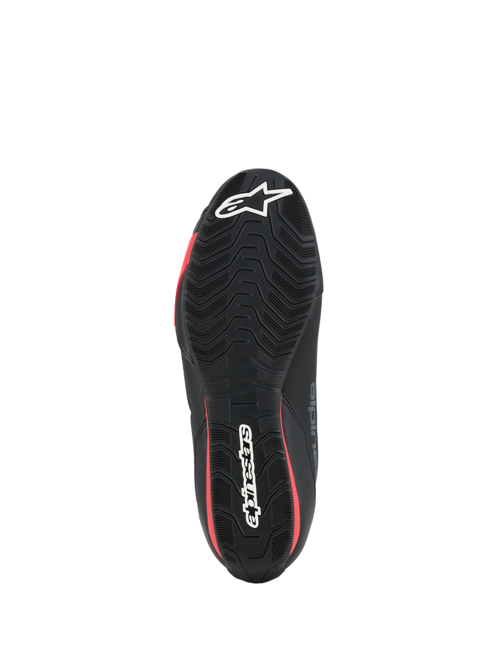 Buty Alpinestars Celer, buty motocyklowe, czarne i jaskrawoczerwone, widok od dołu przedstawiający teksturowaną gumową podeszwę z białym logo Alpinestars i czerwonymi akcentami