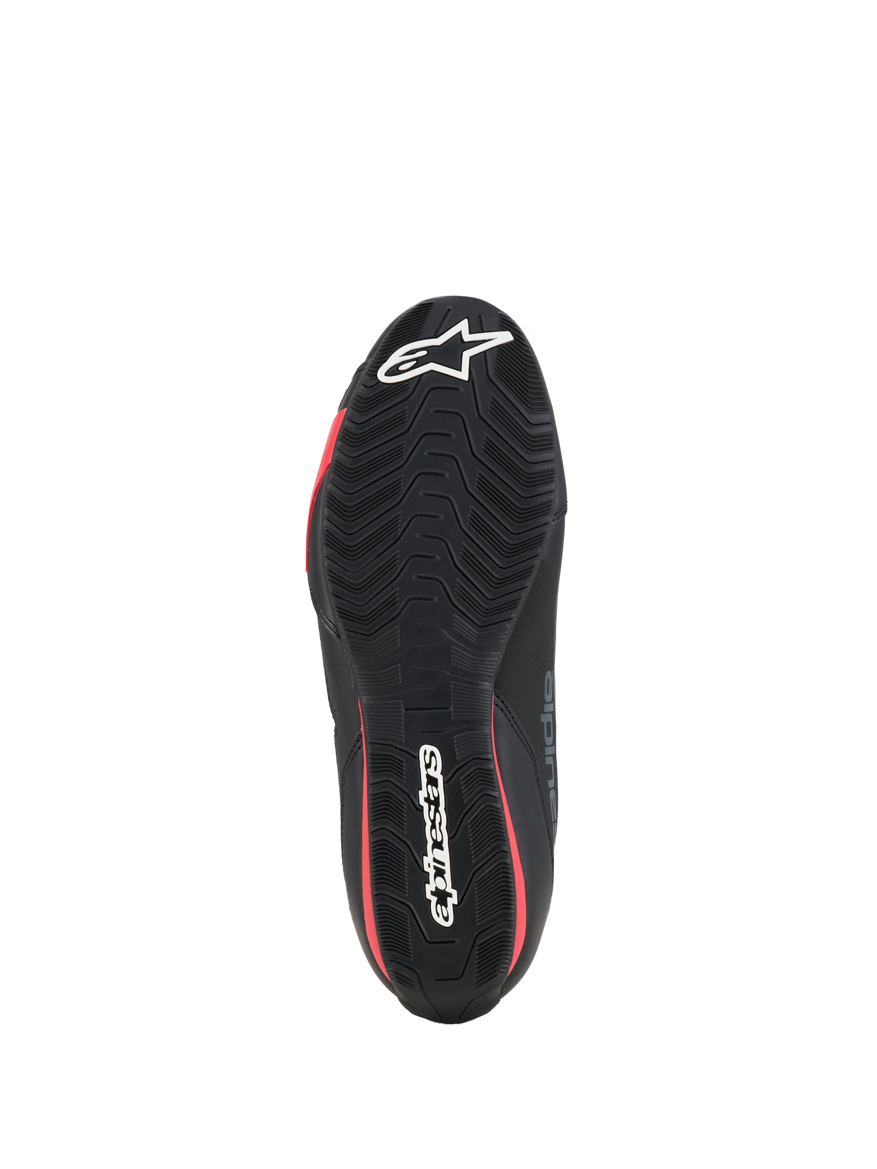 Buty Alpinestars Celer, buty motocyklowe, czarne i jaskrawoczerwone, widok od dołu przedstawiający teksturowaną gumową podeszwę z białym logo Alpinestars i czerwonymi akcentami