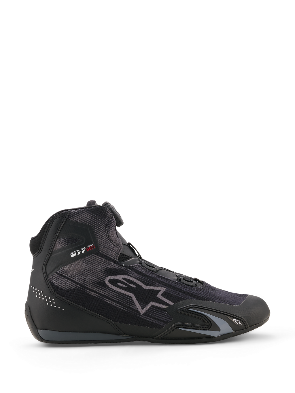 Buty Alpinestars Celer Superair, buty motocyklowe, czarno-ciemnoszare, profil boczny z tekstylną konstrukcją o wysokim przepływie powietrza, system zamykania Rotor i ochronne wzmocnienia TPU, smukły sportowy design.